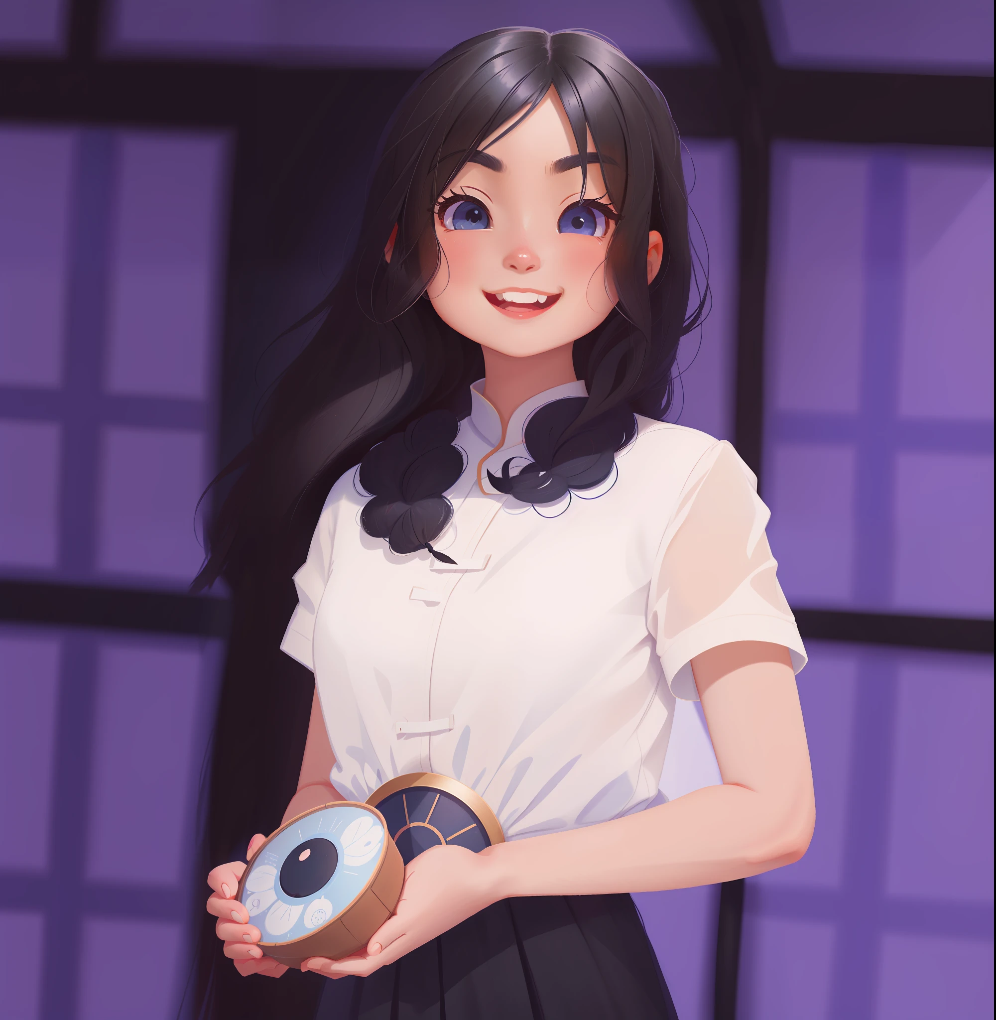 A Chinese girl, big eyes, long black hair, smile, blue dress, close-up of face, close-up, style setting:
Disney Pixar style, blind box mission design, rembrandt light, wheel gallery light,