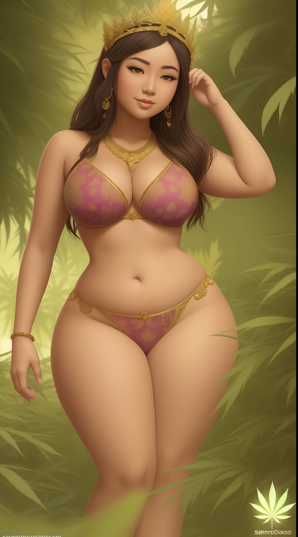 CG art of a beautiful sundanese girl, 1girl, ( goddess:1.2), (marijuana:1.2), (marijuana leaf crocute girl, curvy, voluptuous, and thick body type, exotic, (full body shot), Sam Yang art, sundanese culture
glamor pose, smirk, eyebrow up, 
pastel color, calm tones, 58 mm,
detailed marijuana garden backgroundby SamDoesArts:1.3)