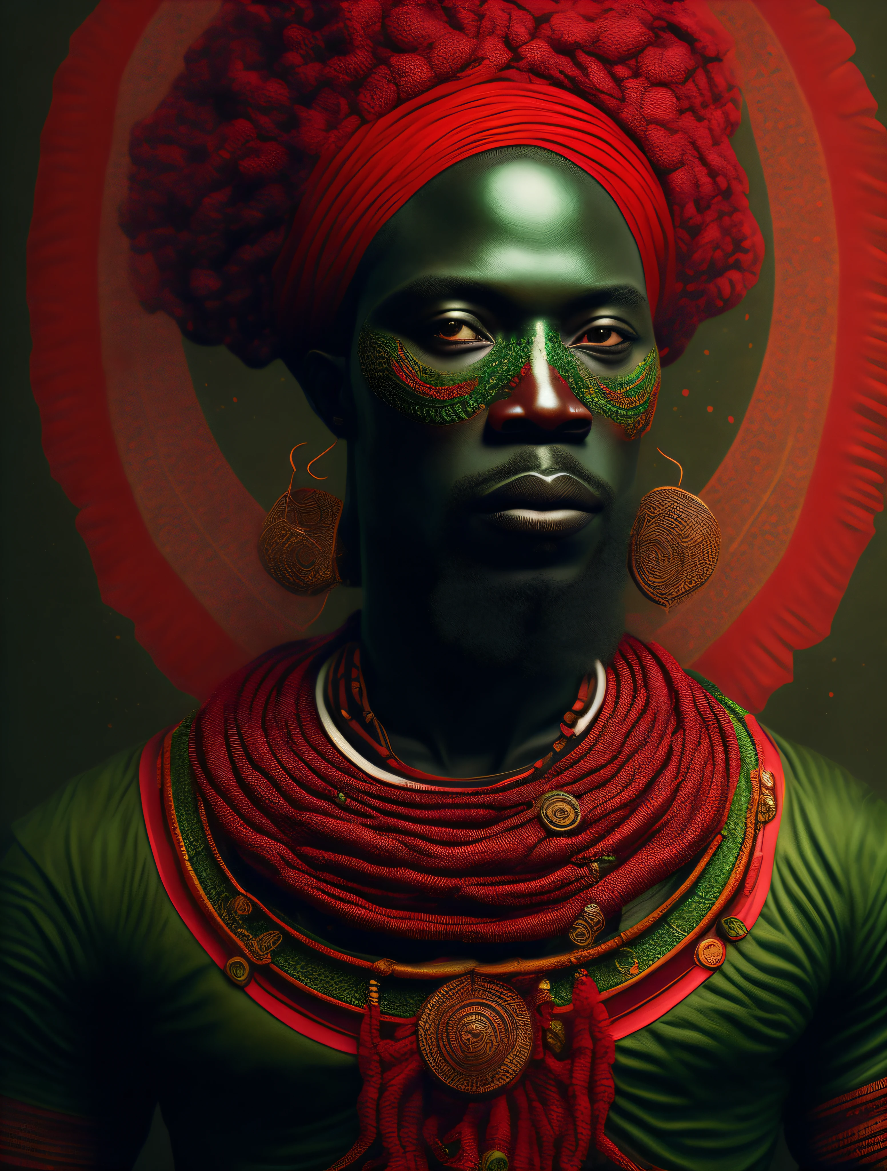 Ogun the African orisha, Yoruba, strong man, red and green, wearing a detailed and intricate ade, god of war, deep look, cosmic god, astrophotography