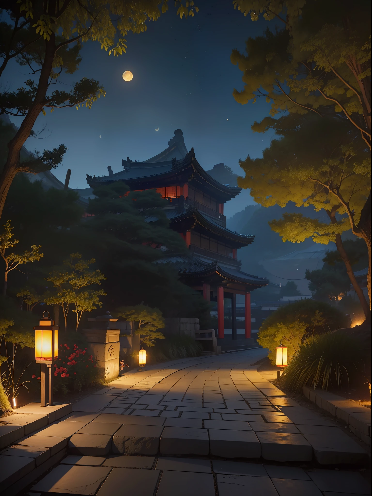 Official Art, Ancient China, Ancient Streets, (Lots of Fireflies), (Night), (Moon), Lights, Beautiful Landscapes, Epic Landscapes, Realistic Lights, Masterpiece, High Quality, Beautiful Graphics, High Detail , Global Illumination, Unreal Engine Rendering, Octane Rendering, (HDR: 1.3)
