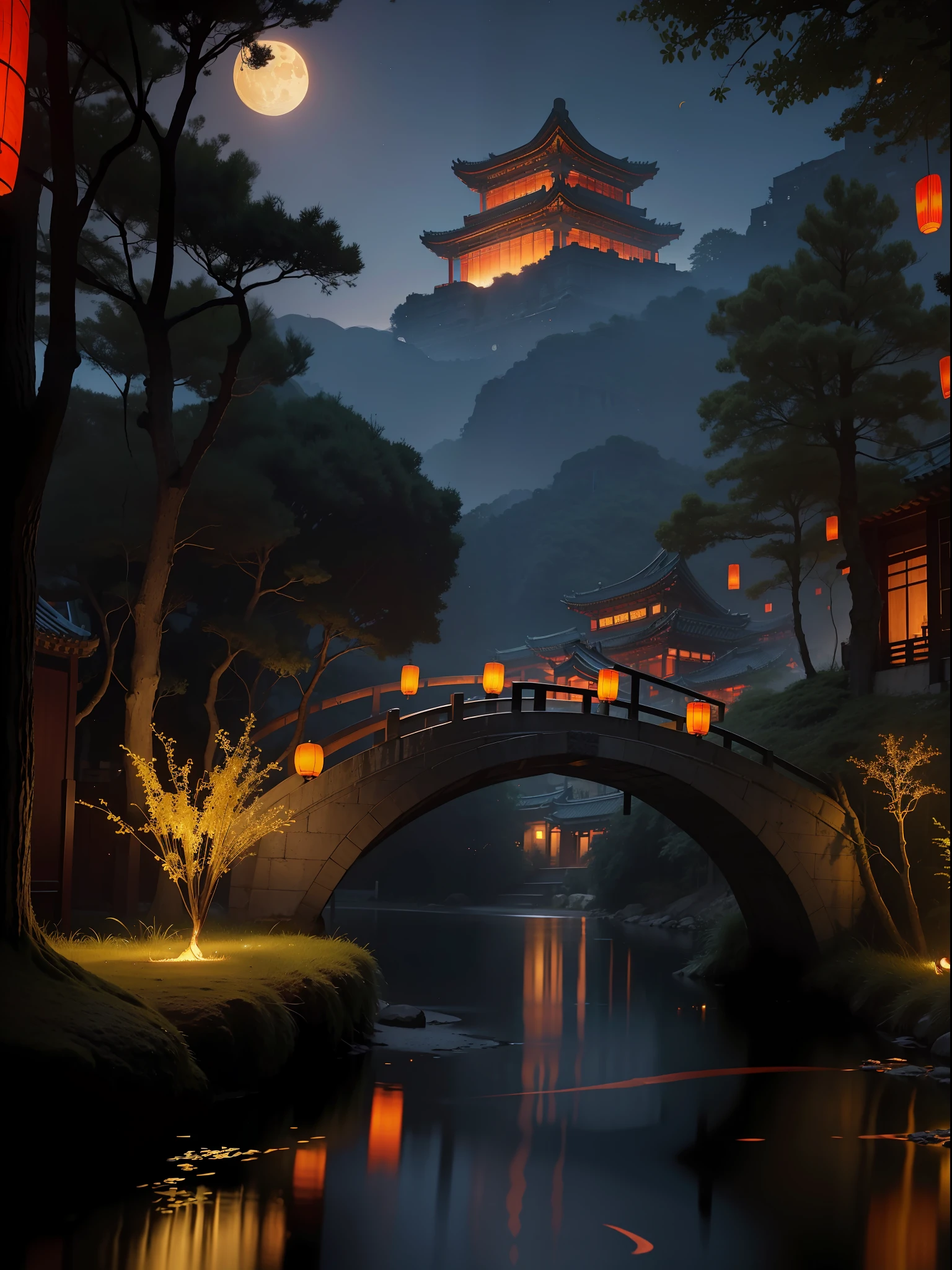 Official Art, Ancient China, Ancient Streets, (Lots of Fireflies), (Night), (Moon), Lights, Beautiful Landscapes, Epic Landscapes, Realistic Lights, Masterpiece, High Quality, Beautiful Graphics, High Detail , Global Illumination, Unreal Engine Rendering, Octane Rendering, (HDR: 1.3)