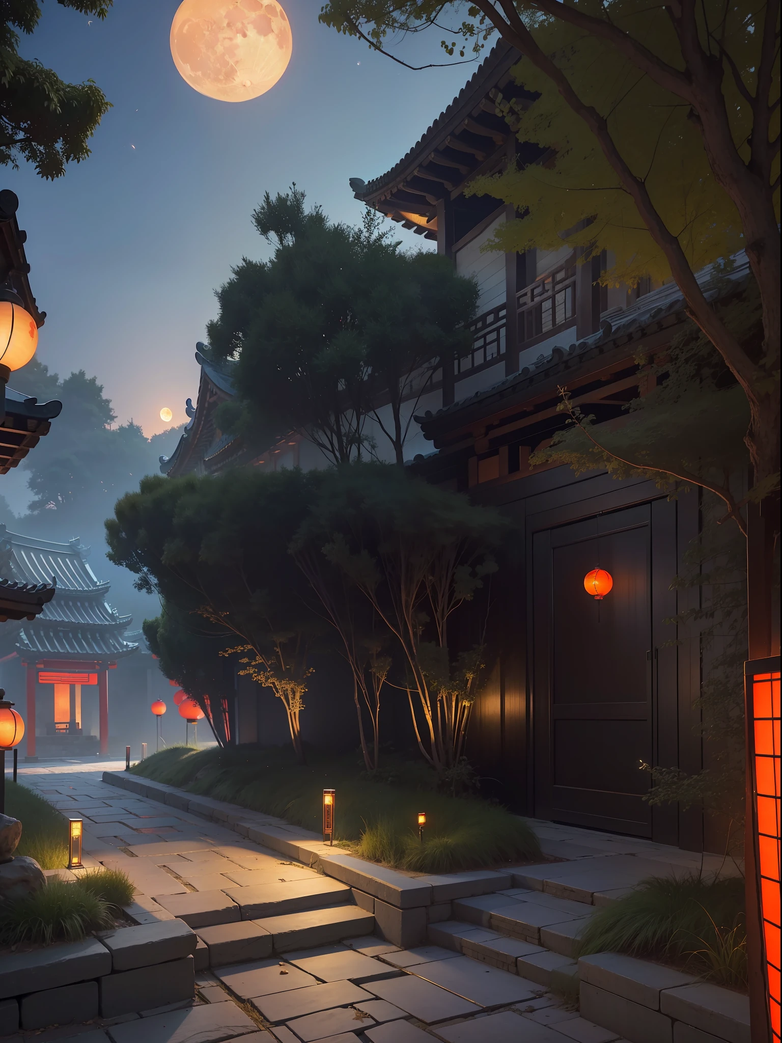 Official Art, Ancient China, Ancient Streets, (Lots of Fireflies), (Night), (Moon), Lights, Beautiful Landscapes, Epic Landscapes, Realistic Lights, Masterpiece, High Quality, Beautiful Graphics, High Detail , Global Illumination, Unreal Engine Rendering, Octane Rendering, (HDR: 1.3)