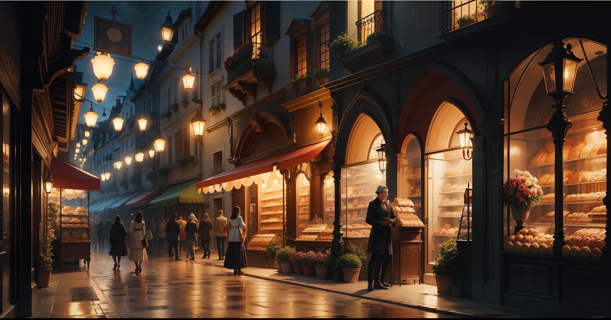 Night weather, baroque and colonial architecture, narrow street with tiles, shopping street, various lights, signs, colorful flowers, bakery, newsstand, clothing store, people on the street, high definition, pixiv trends, detailed, masterpiece with incredible details.