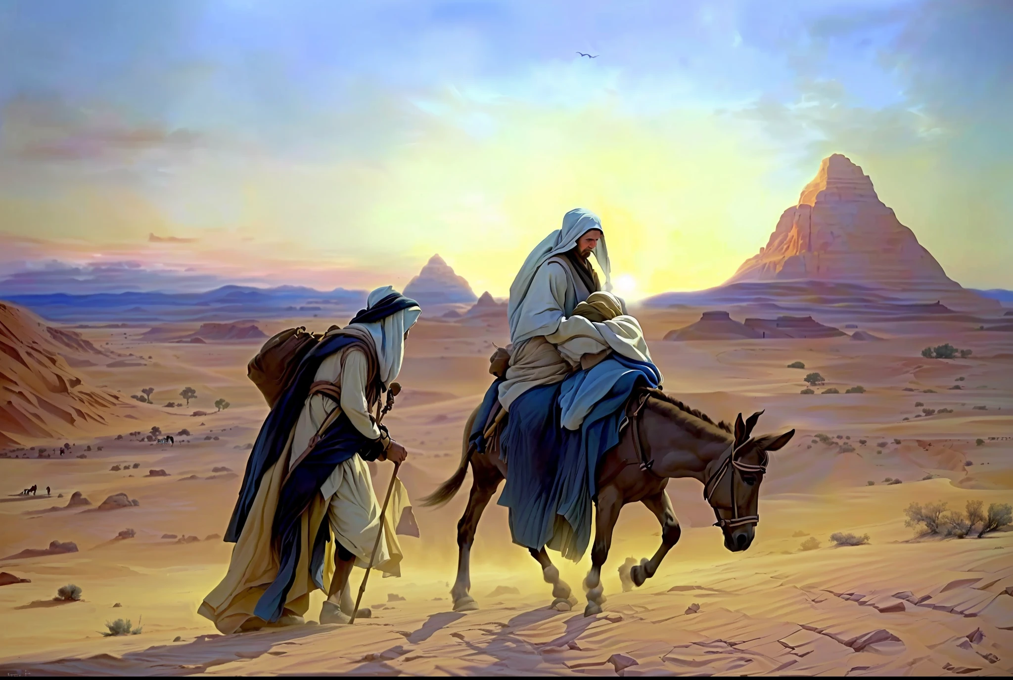 painting of two people riding on a donkey in a desert, by George B. Bridgman, crossing the desert, by Abraham Begeyn, by Minerva J. Chapman, biblical painting, on the desert, hildebrandt, by Albert Henry Krehbiel, by Antonio Ciseri, in the desert, by Wilhelm Trübner, by Adolf Born
