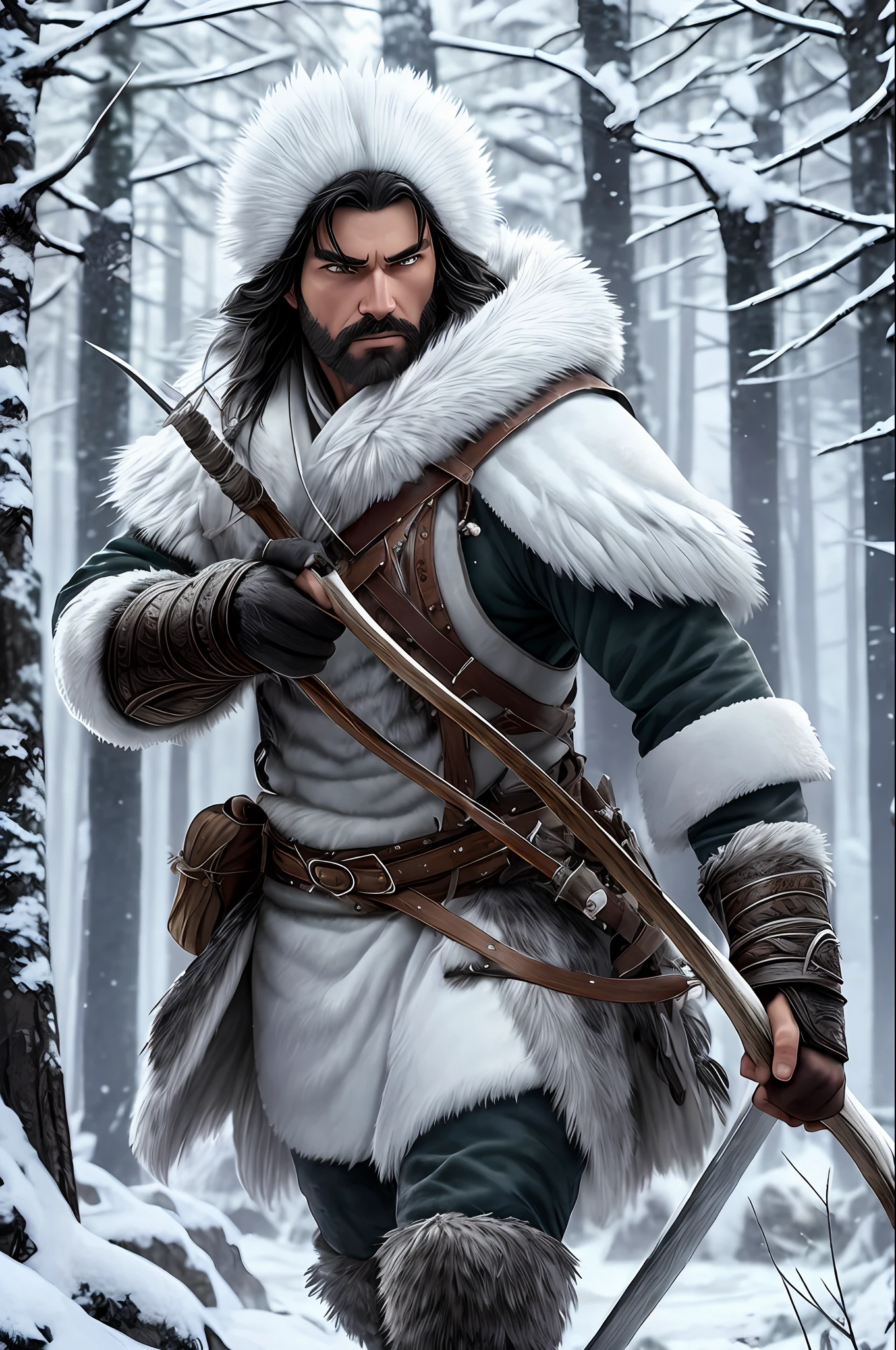 A wild winter hunter man, an outfit made of white wolf, automatically walks through the landscape of a winter forest. His black hair falls over his expressive and angry face as he firmly holds a bow and arrow in one hand. At 48, he is a true master of the art of hunting. The image is a high-quality, detailed representation, captured in 8k for a realistic experience. --auto --s2
