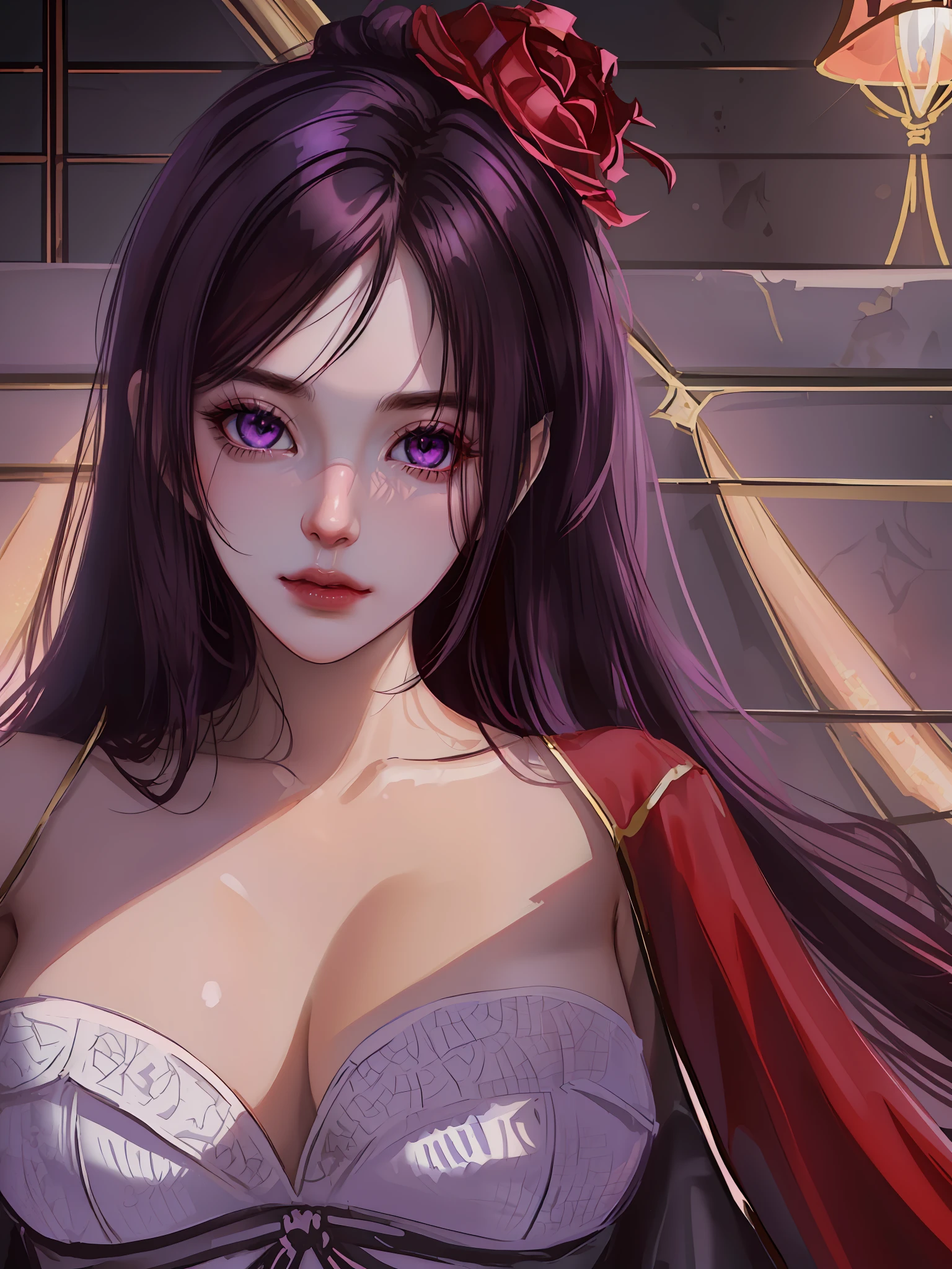 Close-up of a woman in a red dress, long black hair, beautiful seductive anime woman, a beautiful fantasy queen inspired by Du Jong, seductive tifa lockhart full body portrait, (((beautiful fantasy queen)), seductive anime girl, beautiful anime woman, charming tifa lock heart, beautiful avatar picture, white underlinen, lady in pink armor, tifa, (lingerie: 1.2), photo realistic, upon_body, tyndall effect, realistic, dark studio, edge lighting, Two-tone lighting, (High detail skin:1.2), 8K UHD, DSLR, soft lighting, high quality, volumetric lighting, frank, Photos, High resolution, 4K, 8K, Bokeh, Breast Exterior, (Nudity: 0.9), (Purple Eye Color), (Clear Armor: 1.0), Lying on the sofa looking at the ceiling,