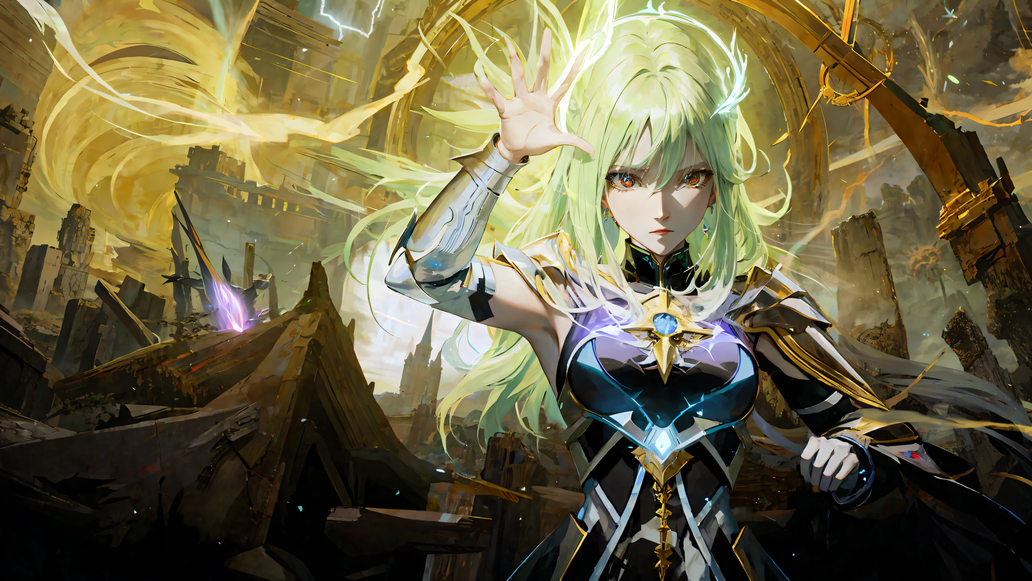 A female archmage image with lightning in the background, showing the atmosphere of an epic anime with high fantasy. The female Archmage transforms into her final form, presenting key artistic effects. Adopt official HDR artwork quality, incorporating Koda Kazuuma's artistic design elements with an emphasis on high detail; A halo of power also appears in the frame.