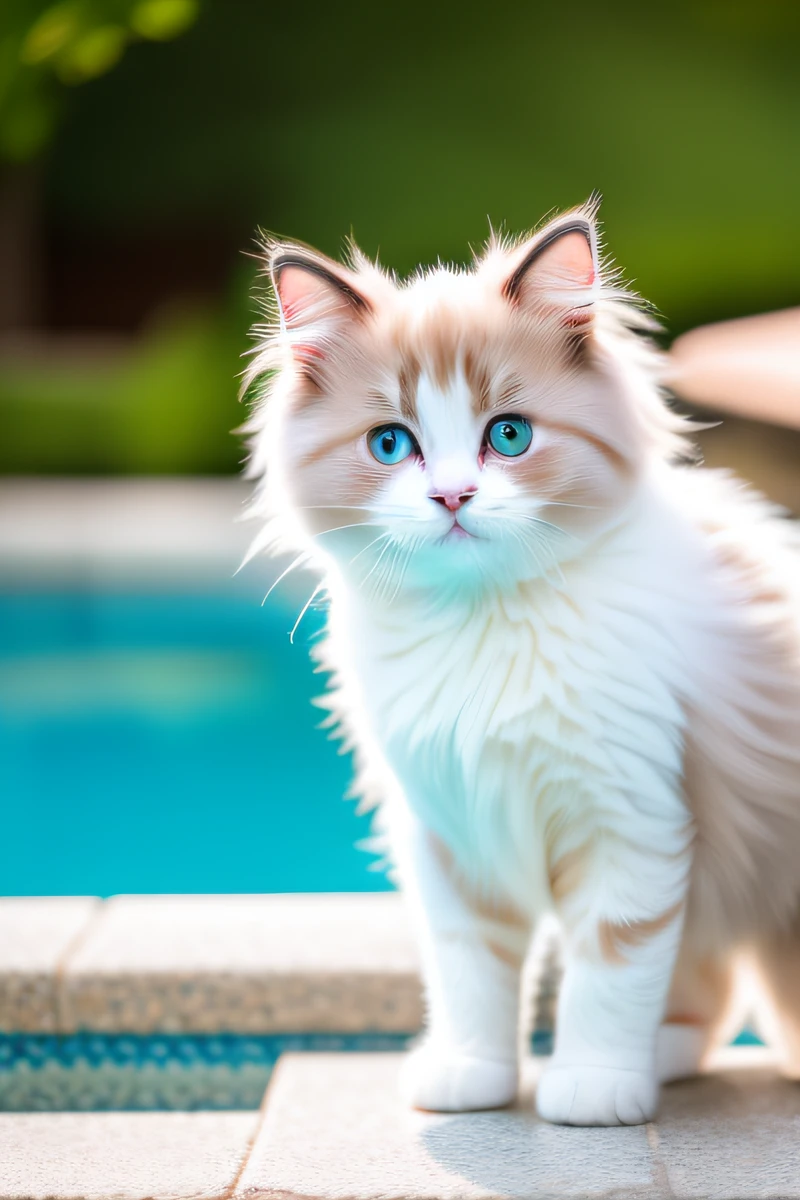 Cute Ragdoll cat kitten,smile,swimming in the pool,body is wet,eyes closed,eos r3 28mm