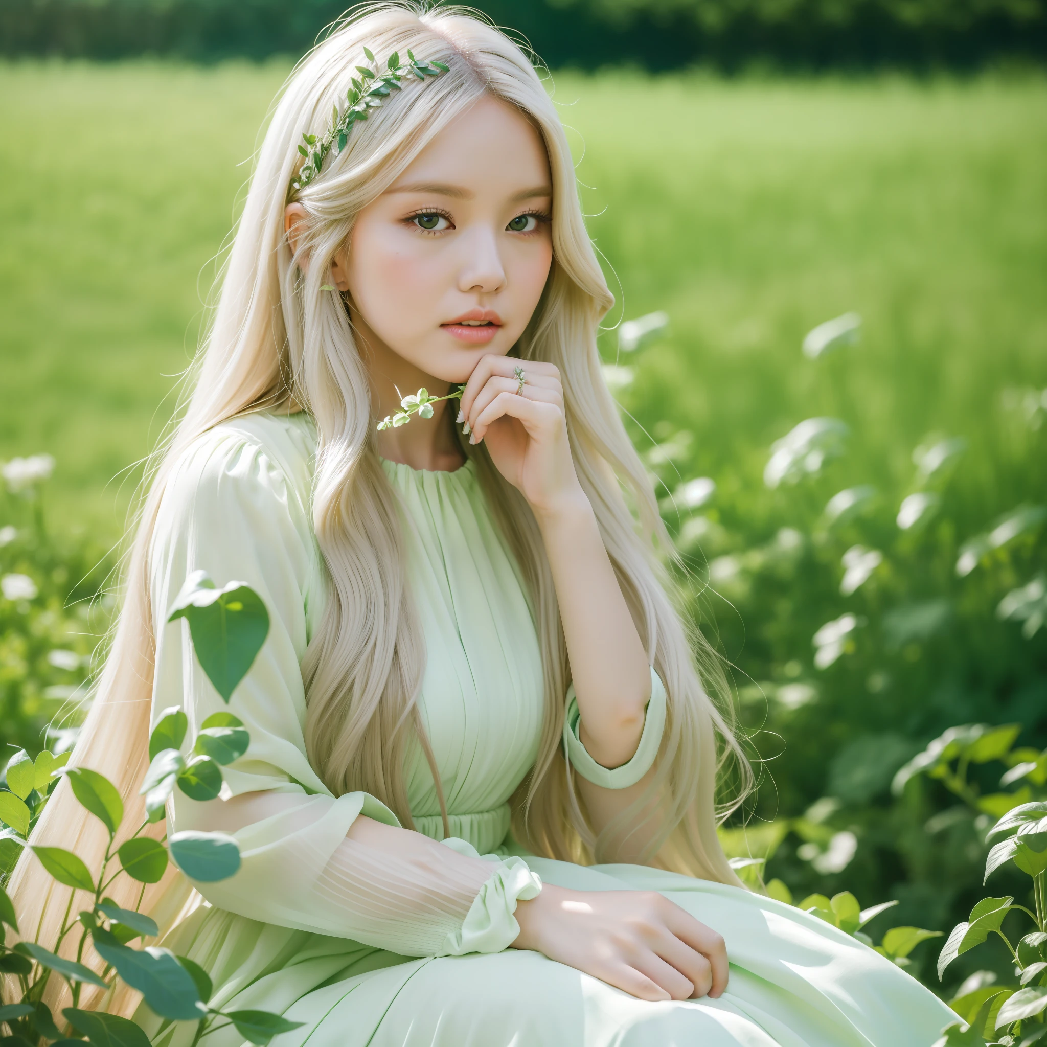 (masterpiece, best quality),1girl with long white hair sitting in a field of green plants and flowers, her hand under her chin, warm lighting, white dress, blurry foreground