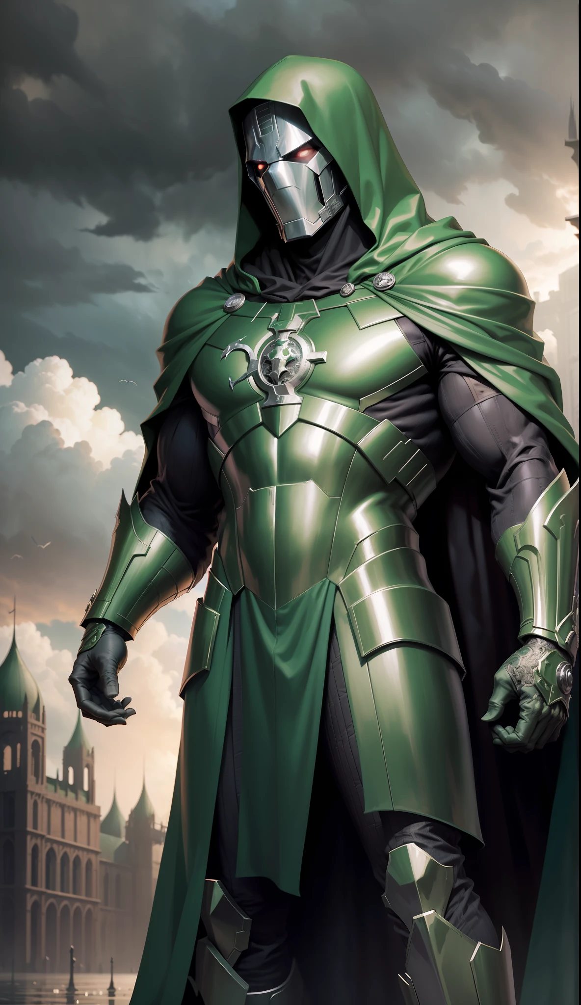 Extremely detailed and ultra-realistic depiction of Marvel's Doctor Doom, in his iconic armor with long green cape and hood along with his mask, standing firmly under a dark and ominous sky, with a magnificent palace in the far background, intricately designed with impeccable attention to detail. Very similar to the marvel comics, full body shot