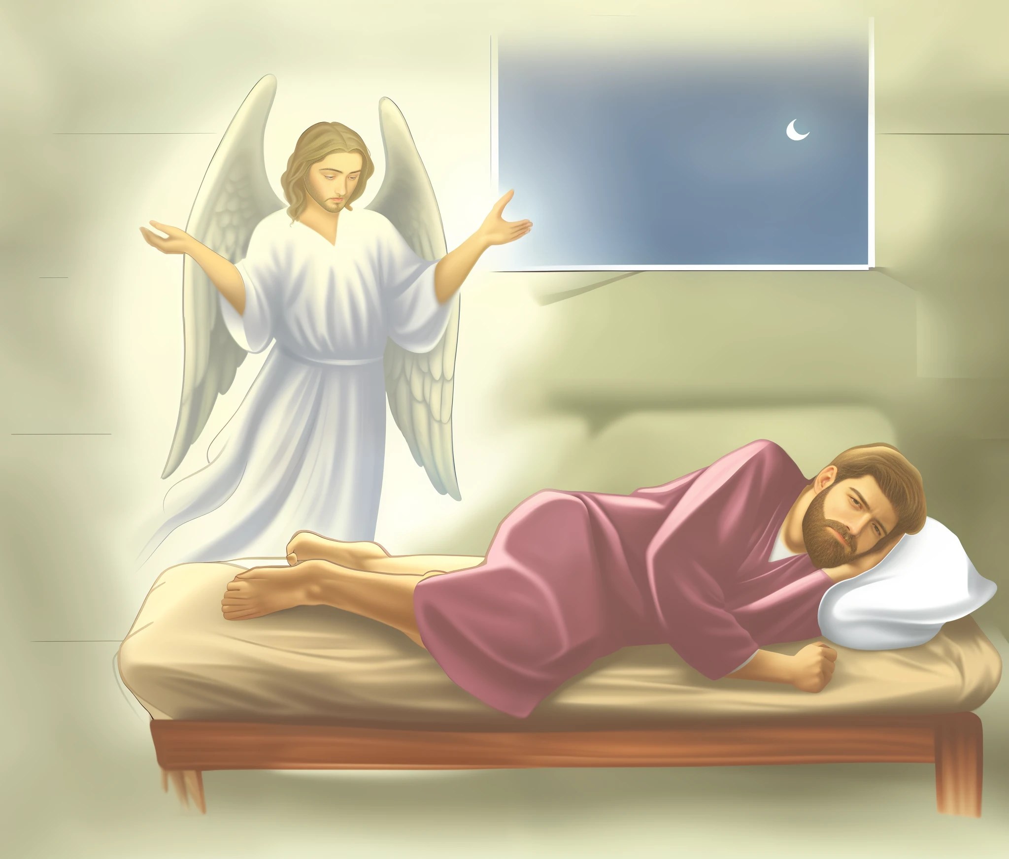 painting of a man with a beard lying on a bed with an angel above him, angel protecting the bearded man, precise biblical angel, 2 angels, angel protecting man, angel, an angel, Taylor Swift as a heavenly angel, biblically accurate angels, angels protecting a praying man, biblically cornered angel, Old Testament angel, angels in white gauze dresses, Bible illustration, artist's interpretation