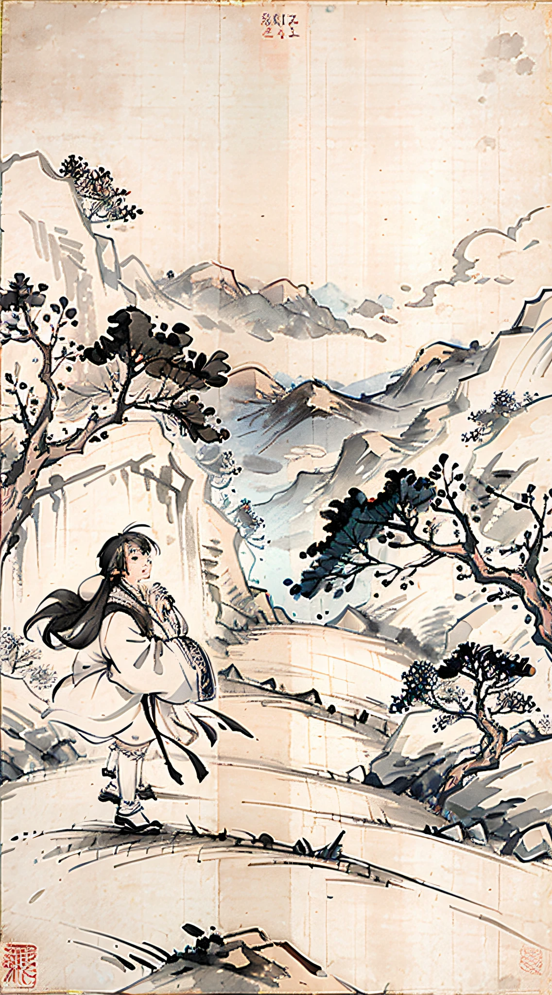 (Masterpiece, best quality: 1.2), (No_Humans), mountains in the distance, traditional Chinese ink painting, houses, tombstones, meadows