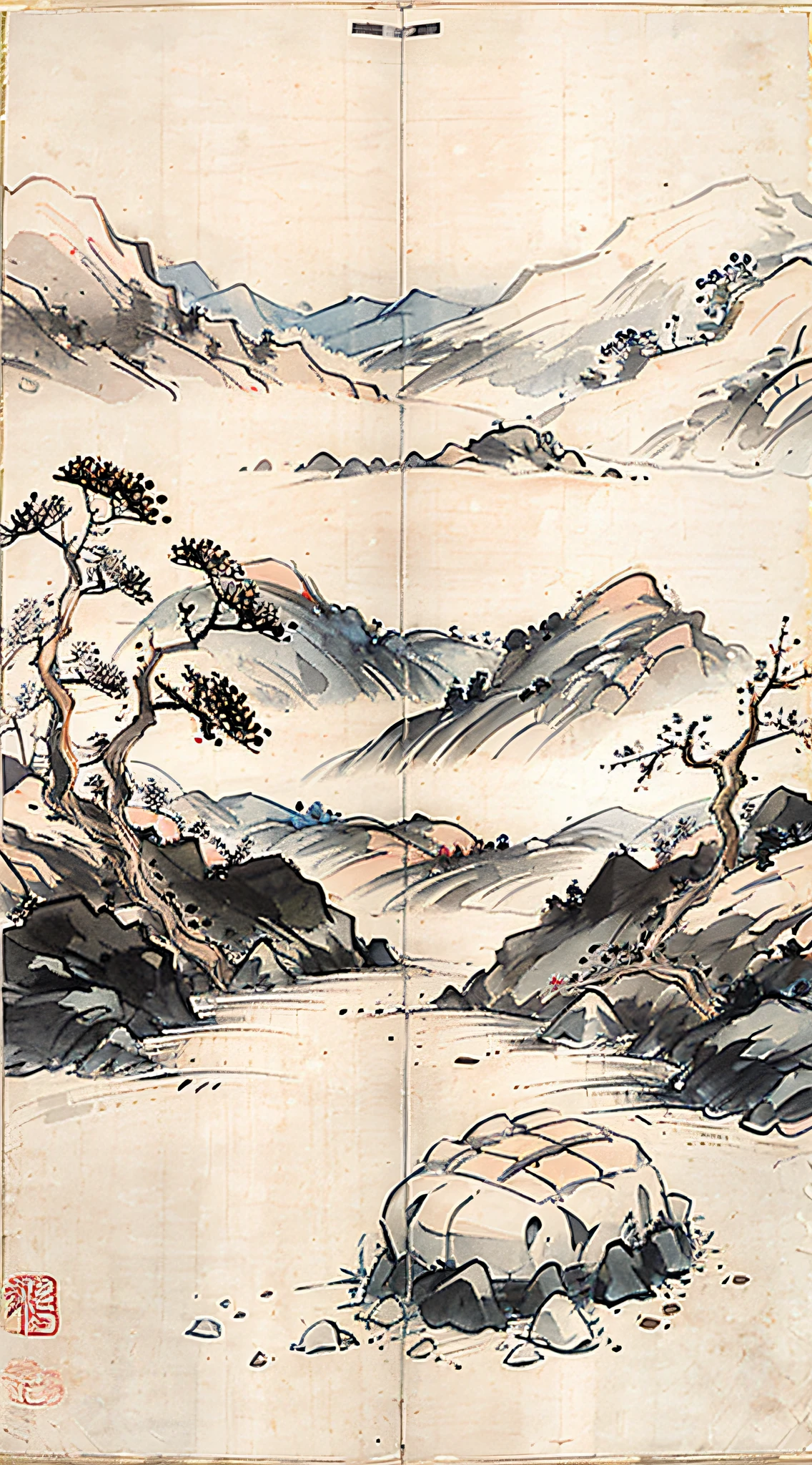 (Masterpiece, best quality: 1.2), (No_Humans), mountains in the distance, traditional Chinese ink painting, houses, tombstones, meadows