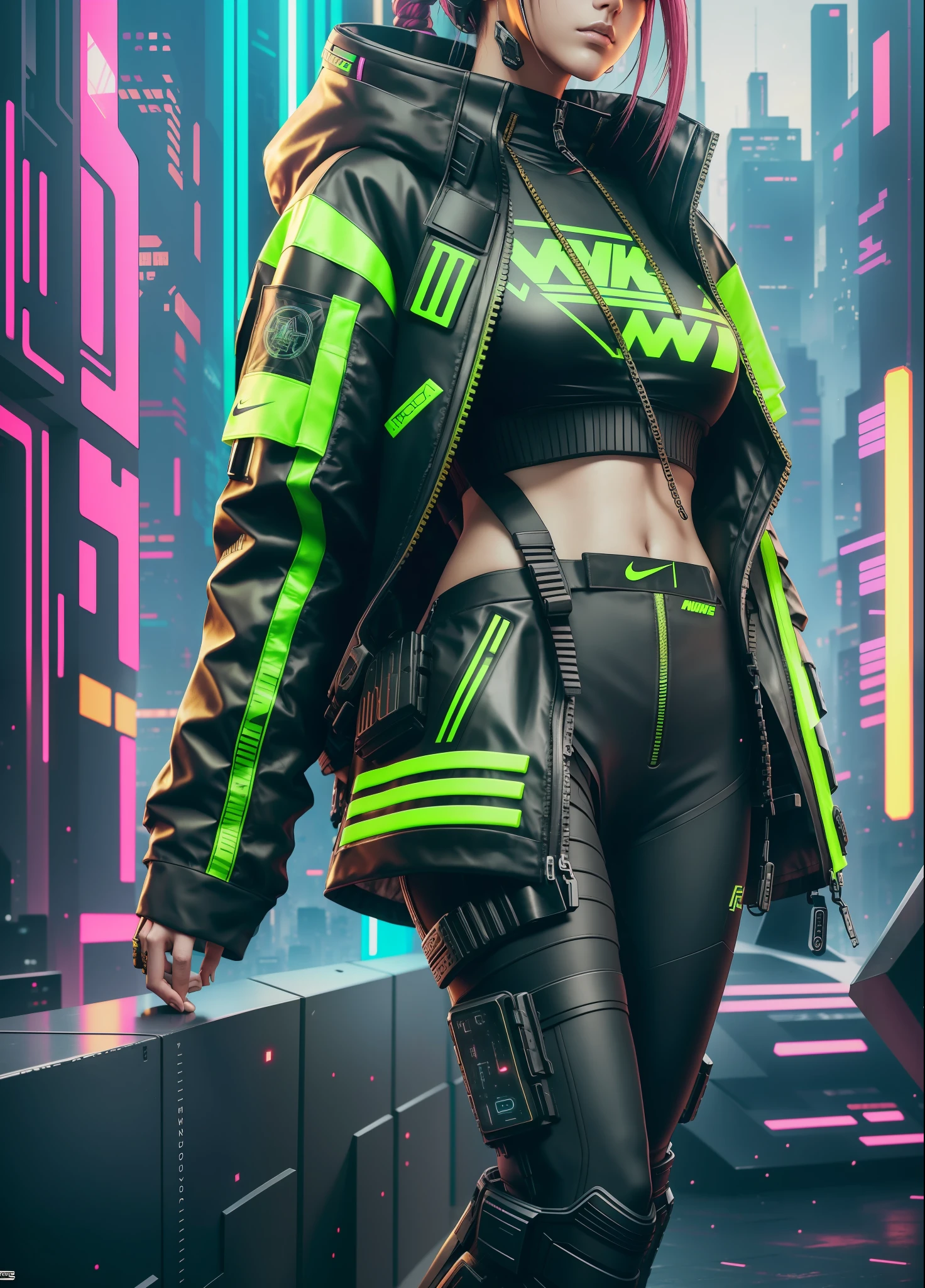 cyberpunk girl techwear streetwear look and clothes, we can see them from feet to head, highly detailed and intricate, golden ratio, beautiful bright colors, hypermaximalist, futuristic, cyberpunk setting, luxury, elite, cinematic, techwear fashion, Nike ACG, Y3, ACRNYM Errolson Hugh style