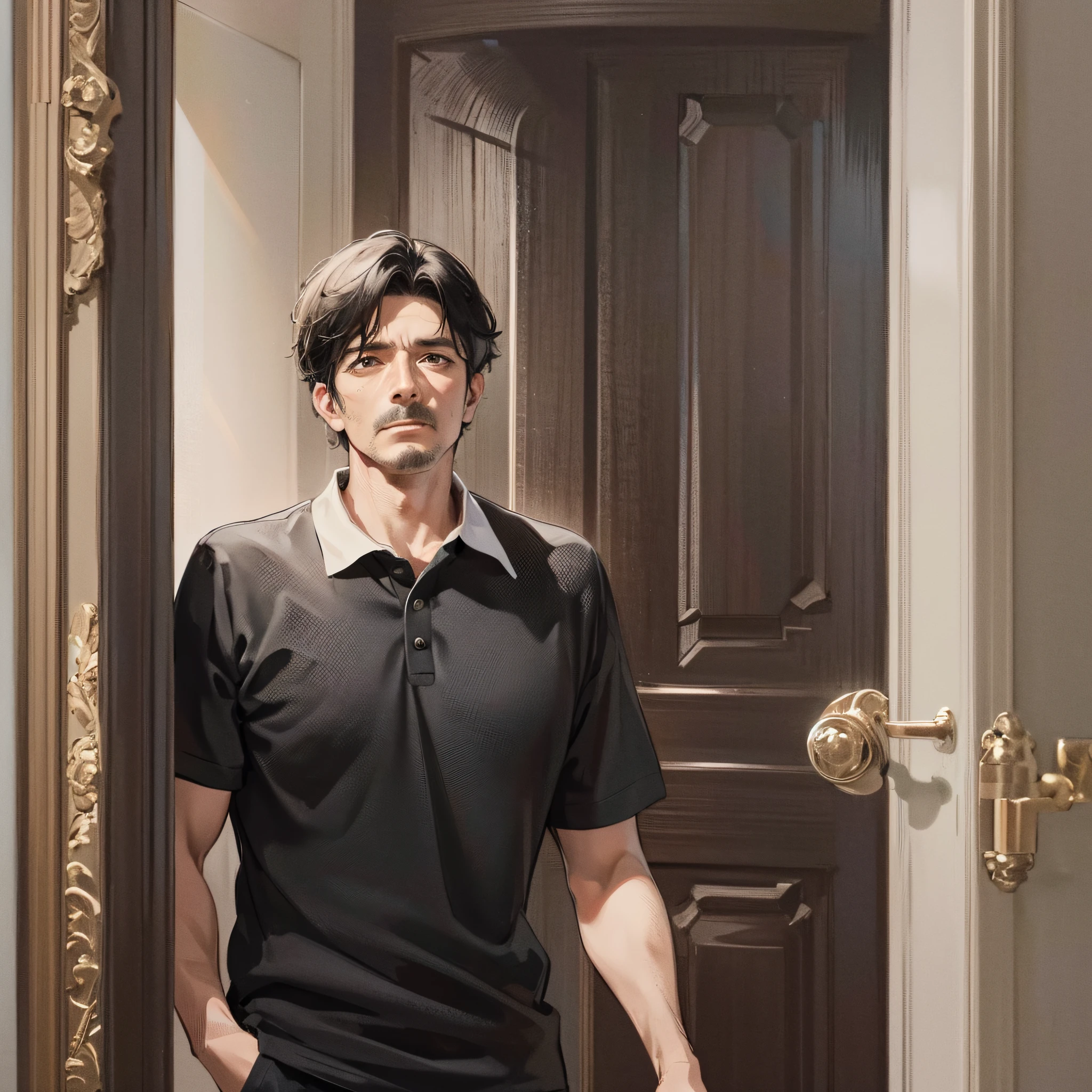 (highest resolution, distinct_image) the best quality, interior, villa, doorway, a man, 50 years old, mature man, masterpiece, highly detailed short black hair, black hair, bangs, black polo shirt, surprised, stunned,