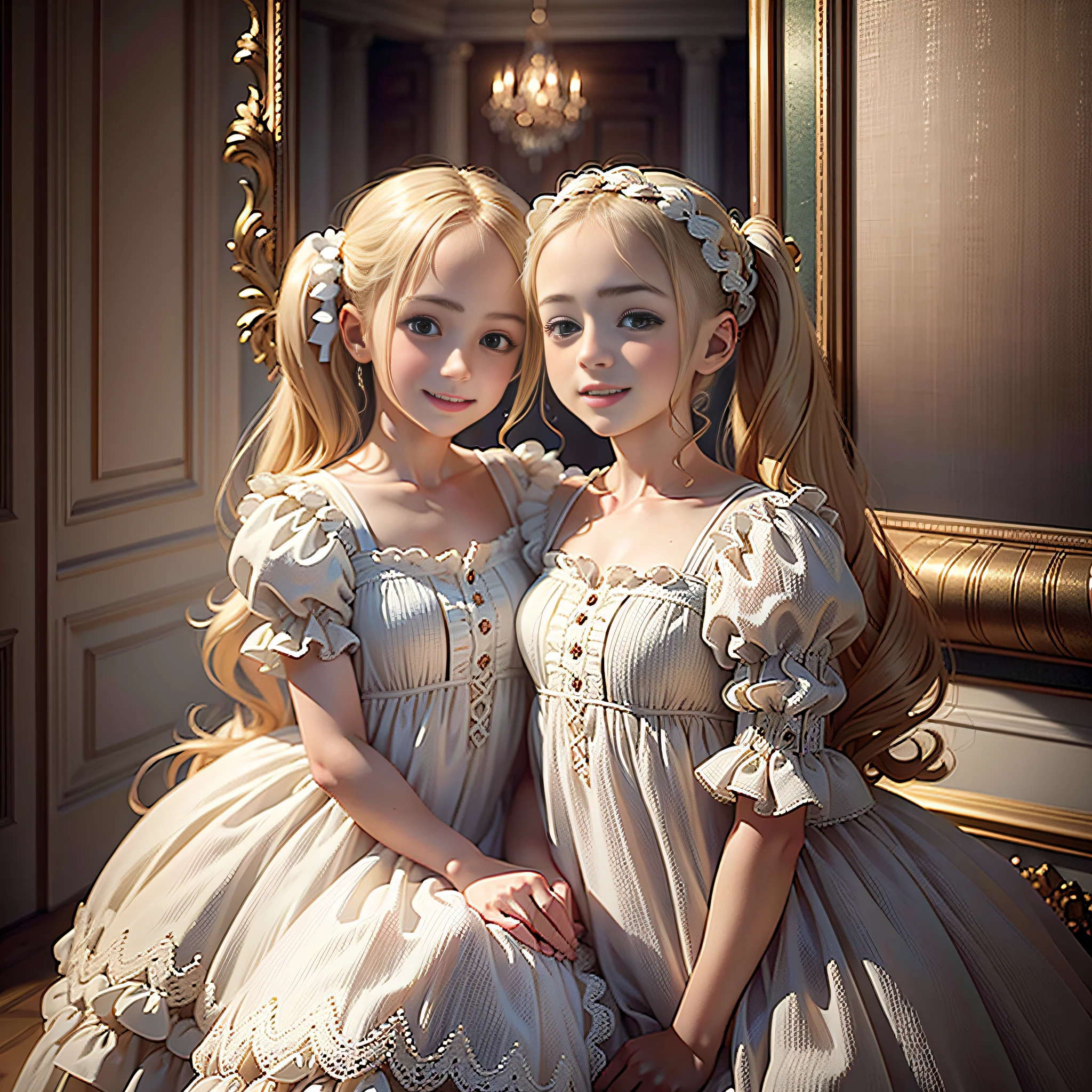 Best quality, masterpiece, ultra high res, (photo realistic:1.4), antique mansion interior background, image of beautiful British twin girls in frilly white luxurious dresses, blonde hair, twin tails, slender body, about , smile, cuddle,