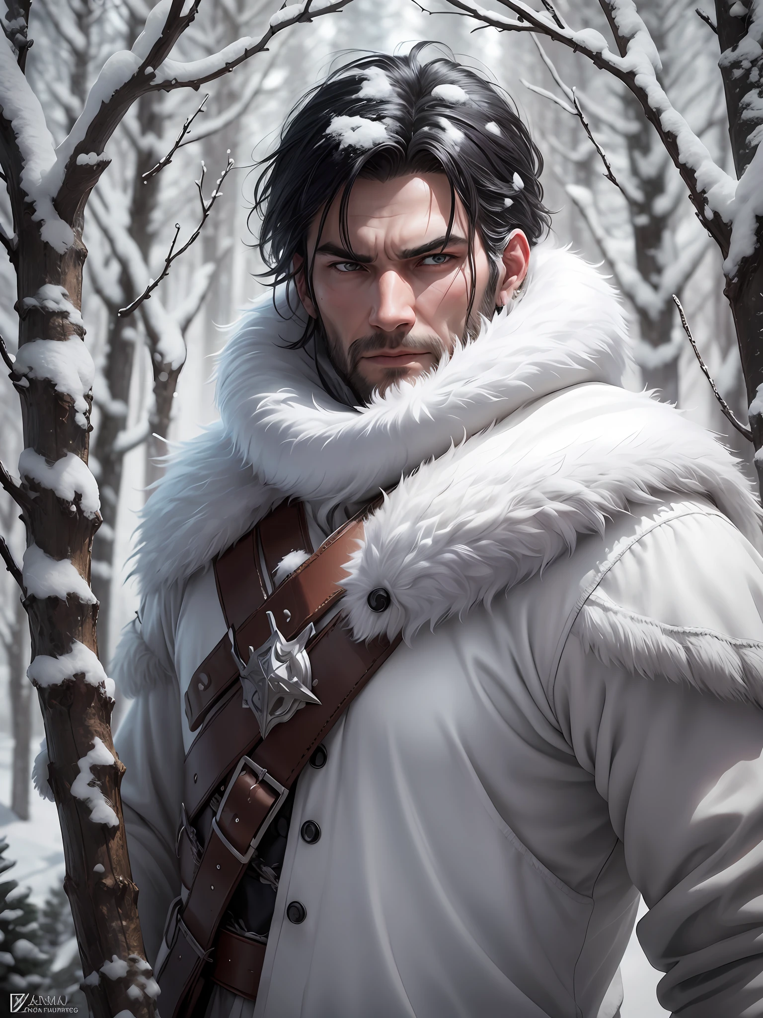 Through the snow-covered branches, the wild winter hunter man emerges in a winter forest landscape. His white wolf outfit blends seamlessly with his surroundings, while his expressive, angry gaze conveys an unrelenting spirituality. At the age of 48, her black hair adds a touch of mystery and wisdom. Holding a bow and arrow in one hand, he becomes one with cold, relentless nature. The image is a realistic and super-detailed representation, captured in 8k for an immersive visual experience. --auto --s2