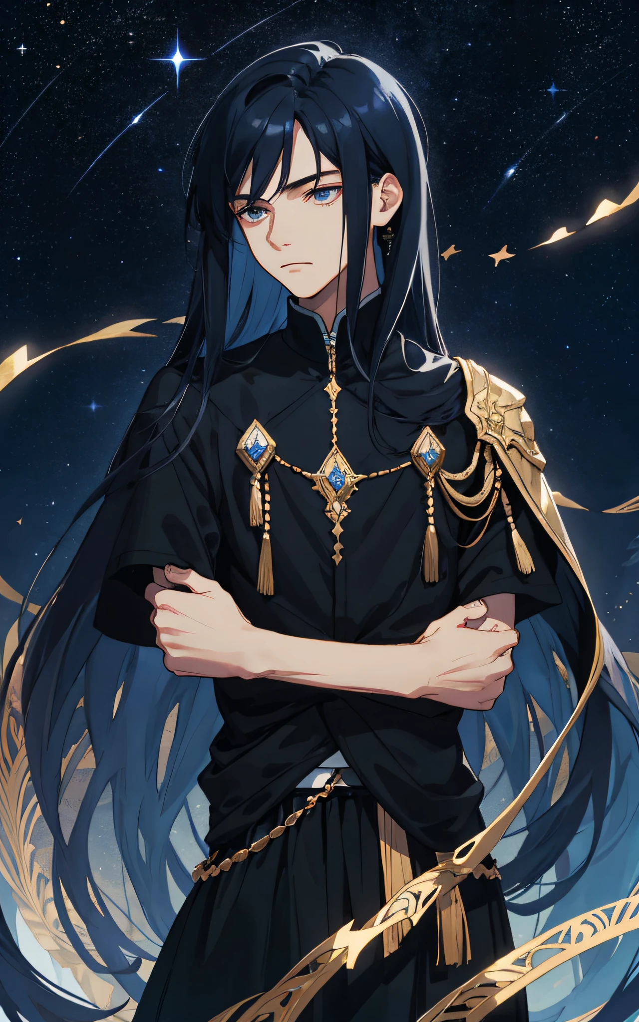 Masterpiece, best quality, teenager, male, long dark blue hair, straight hair, Qi bangs, expressionless, intricate details, delicate face, prominent face, delicate black skirt, dark night, starry sky, stars, black, blue, gold, black background
