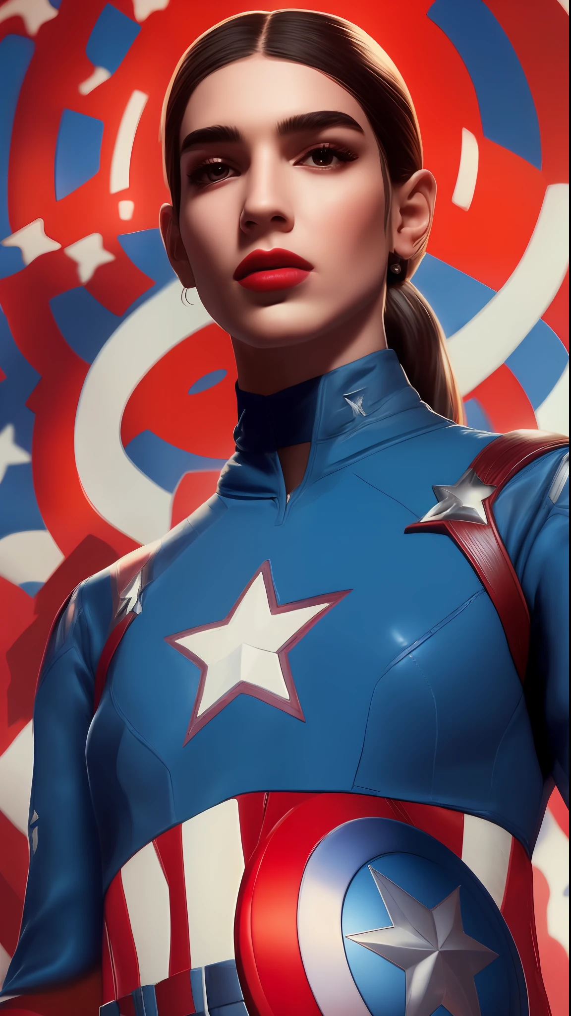 . .Tarantino Dua lipa style as Captain America 8k, high definition, detailed face, detailed face, detailed eyes, detailed suit, Marvel and DC style, hyper-realistic, + cinematic plan + dynamic composition, incredibly detailed, sharpness, details + superb details + night with light + perfectionism + award-winning realism ((soft lighting))