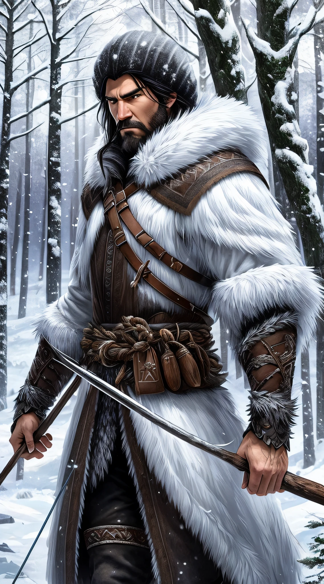 A wild winter hunter man, an outfit made of white wolf, automatically walks through the landscape of a winter forest. His black hair falls over his expressive and angry face as he firmly holds a bow and arrow in one hand. At 48, he is a true master of the art of hunting. The image is a high-quality, detailed representation, captured in 8k for a realistic experience. --auto --s2