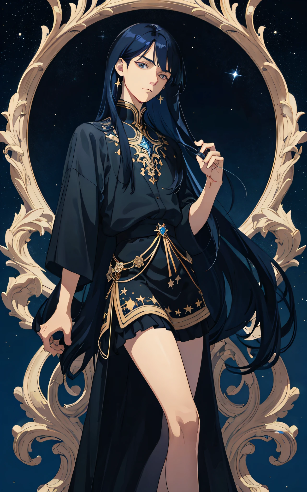 Masterpiece, best quality, ager, male, long dark blue hair, straight hair, Qi bangs, expressionless, intricate details, delicate face, prominent face, delicate black skirt, dark night, starry sky, stars, black, blue, gold, black background