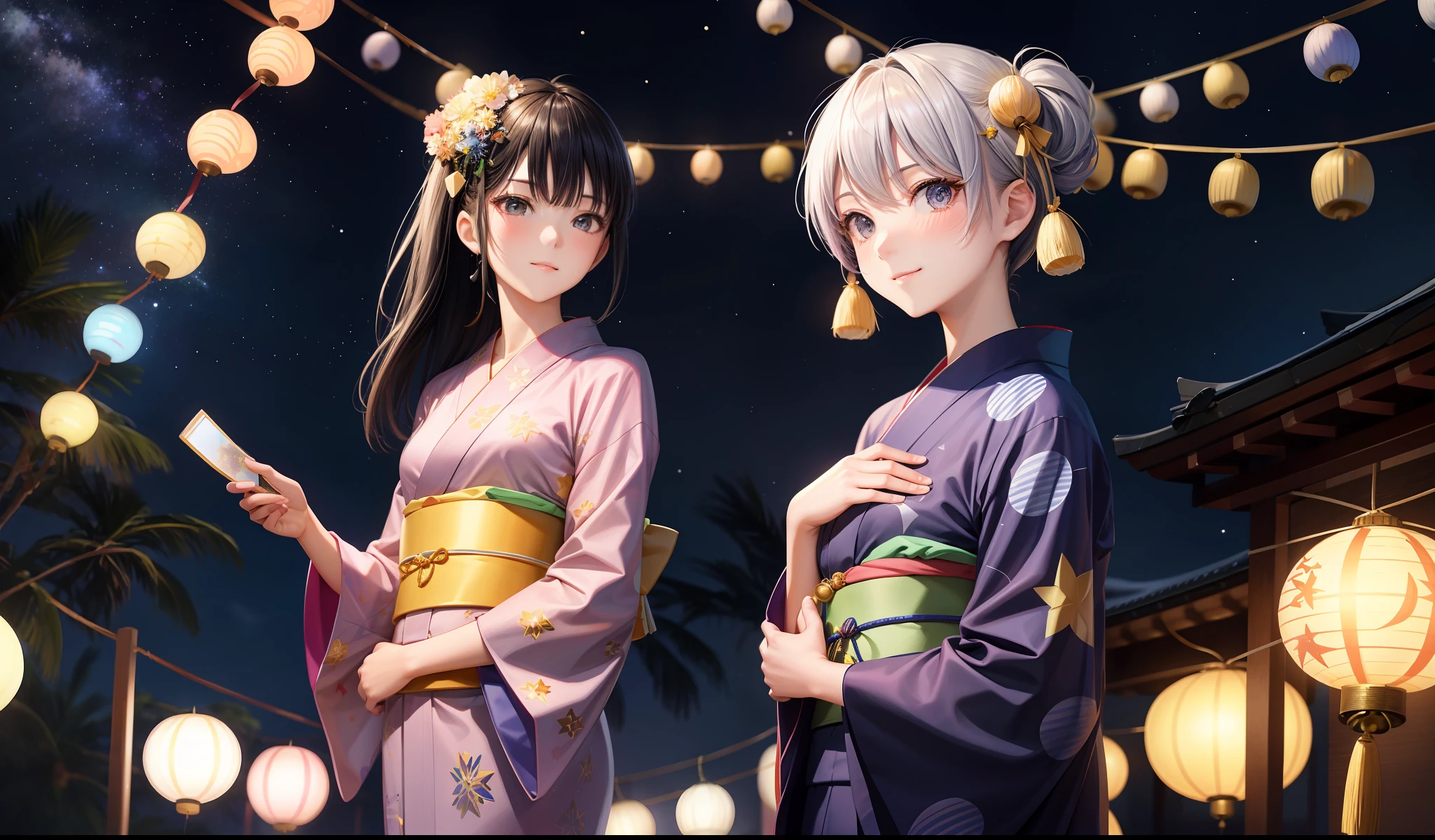 ((Tanabata)), beauty, 25 years old, yukata, night, starry sky,