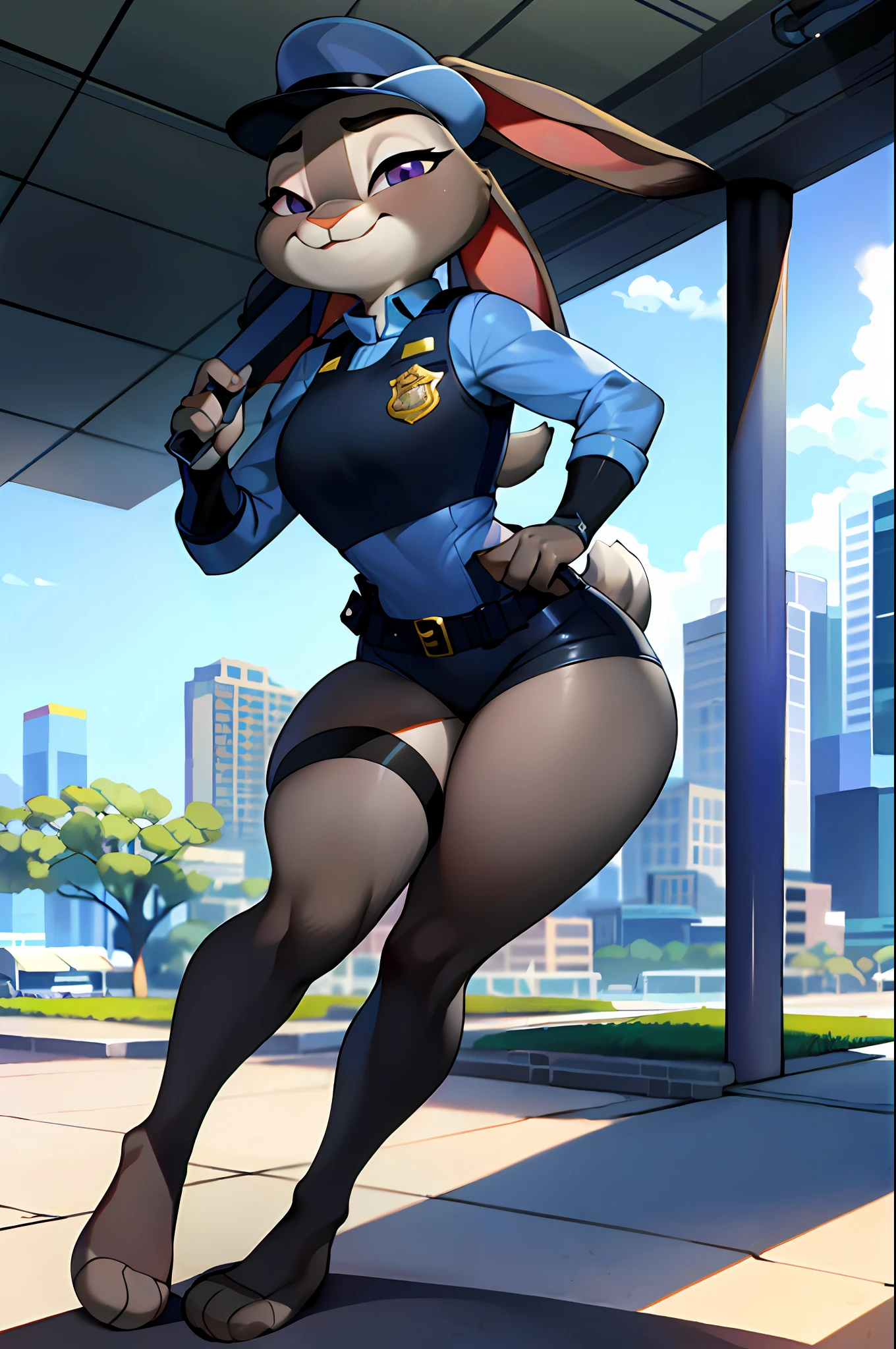 best quality, masterpiece, solo, 1girl, JudyHopps, police uniform, police hat, no pants, long socks, no panties, no pants, no shoes