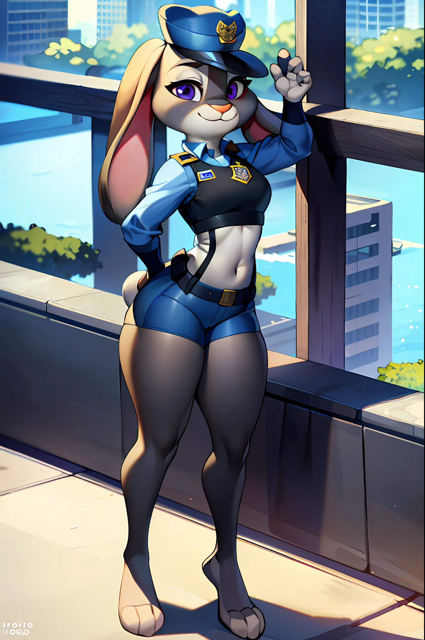best quality, masterpiece, solo, 1girl, JudyHopps, police uniform, police hat, no pants, long socks, no panties, no pants, no shoes