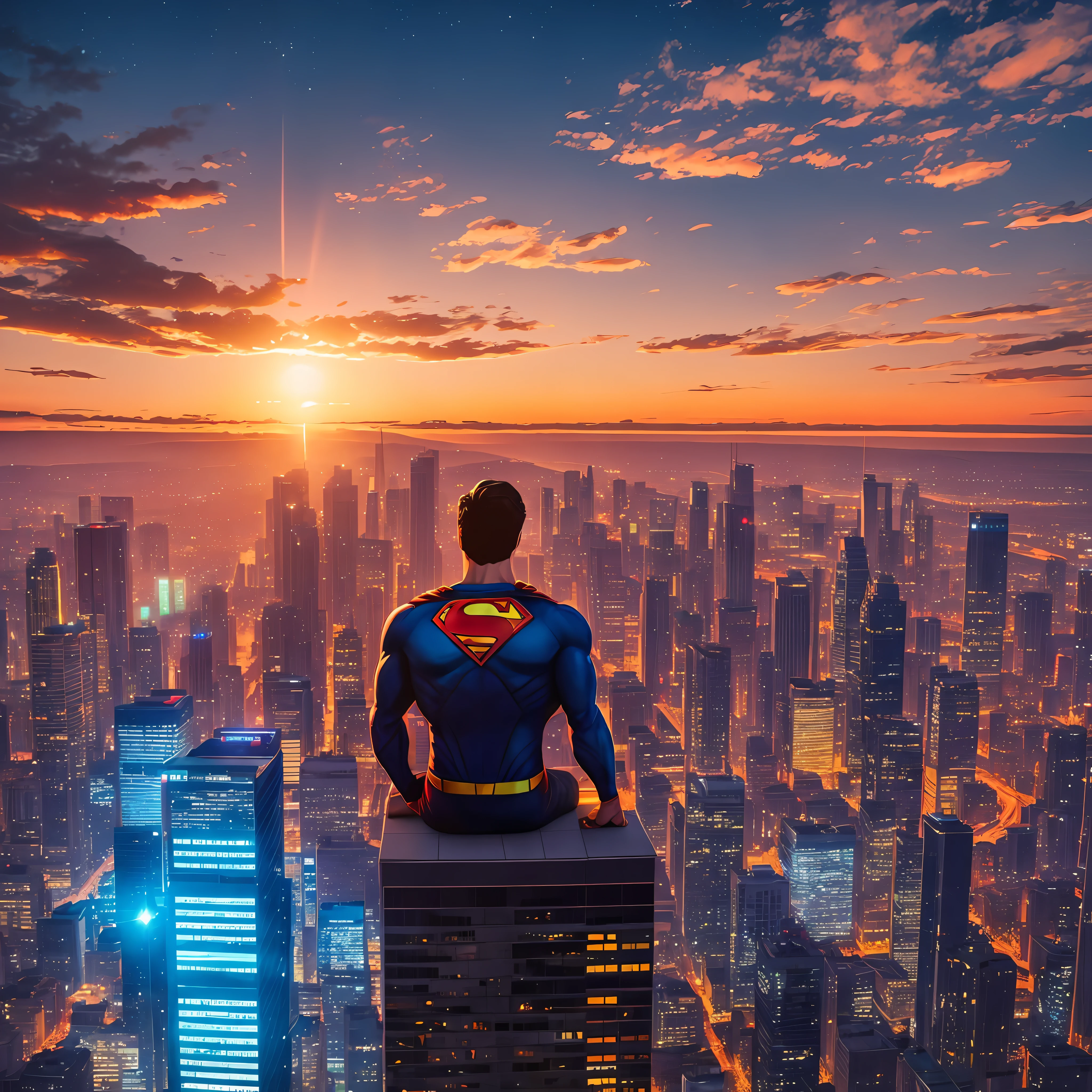 Sunset, night glow, superman sitting in a building, distant view, realistic, rich colors, beautiful and colorful, wide-angle lens, shooting at night, positive film, naturalistic style, high definition footage. --auto --s2