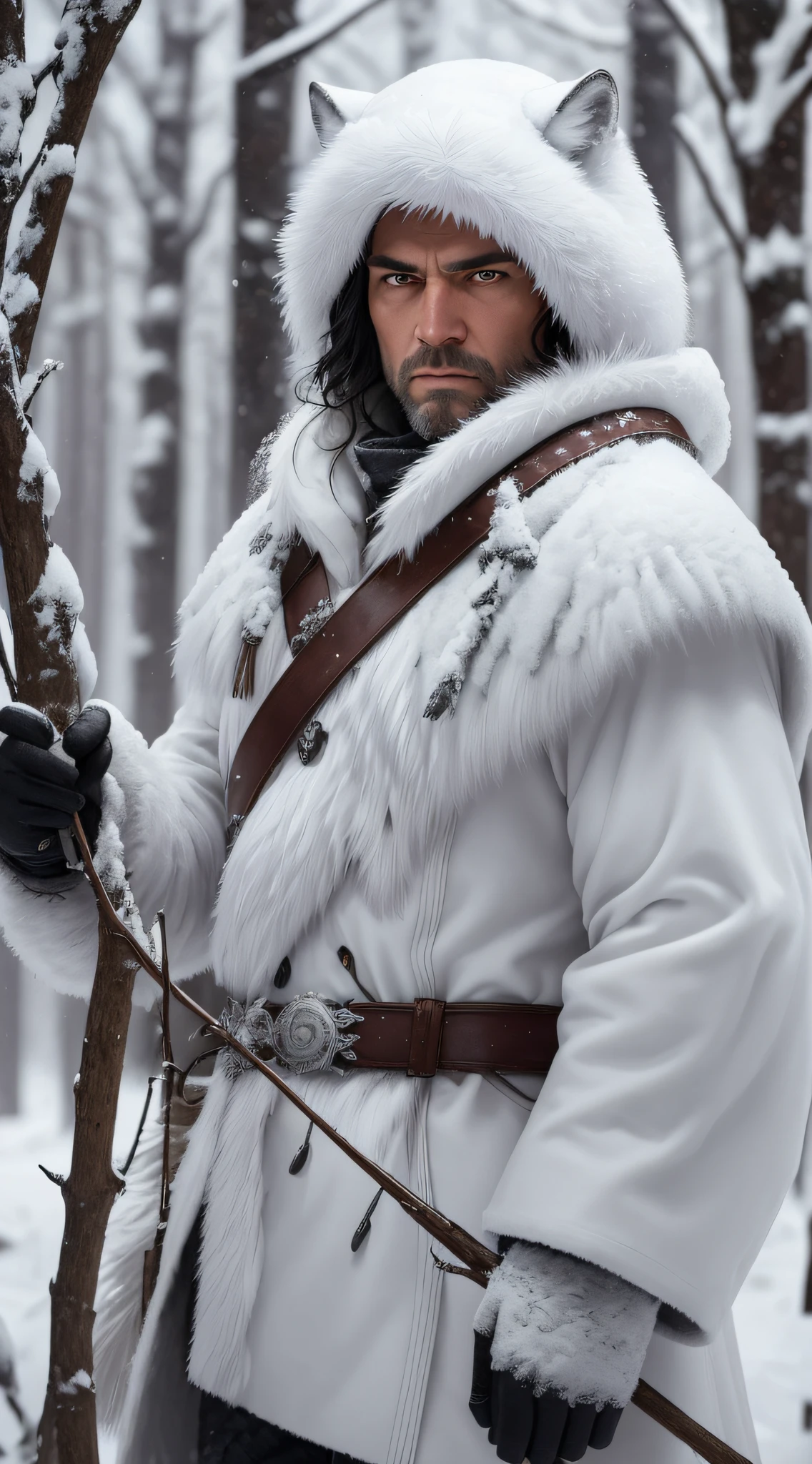 Through the snow-covered branches, the wild winter hunter man emerges in a winter forest landscape. His white wolf outfit blends seamlessly with his surroundings, while his expressive, angry gaze conveys an unrelenting spirituality. At the age of 48, her black hair adds a touch of mystery and wisdom. Holding a bow and arrow in one hand, he becomes one with cold, relentless nature. The image is a realistic and super-detailed representation, captured in 8k for an immersive visual experience. --auto --s2