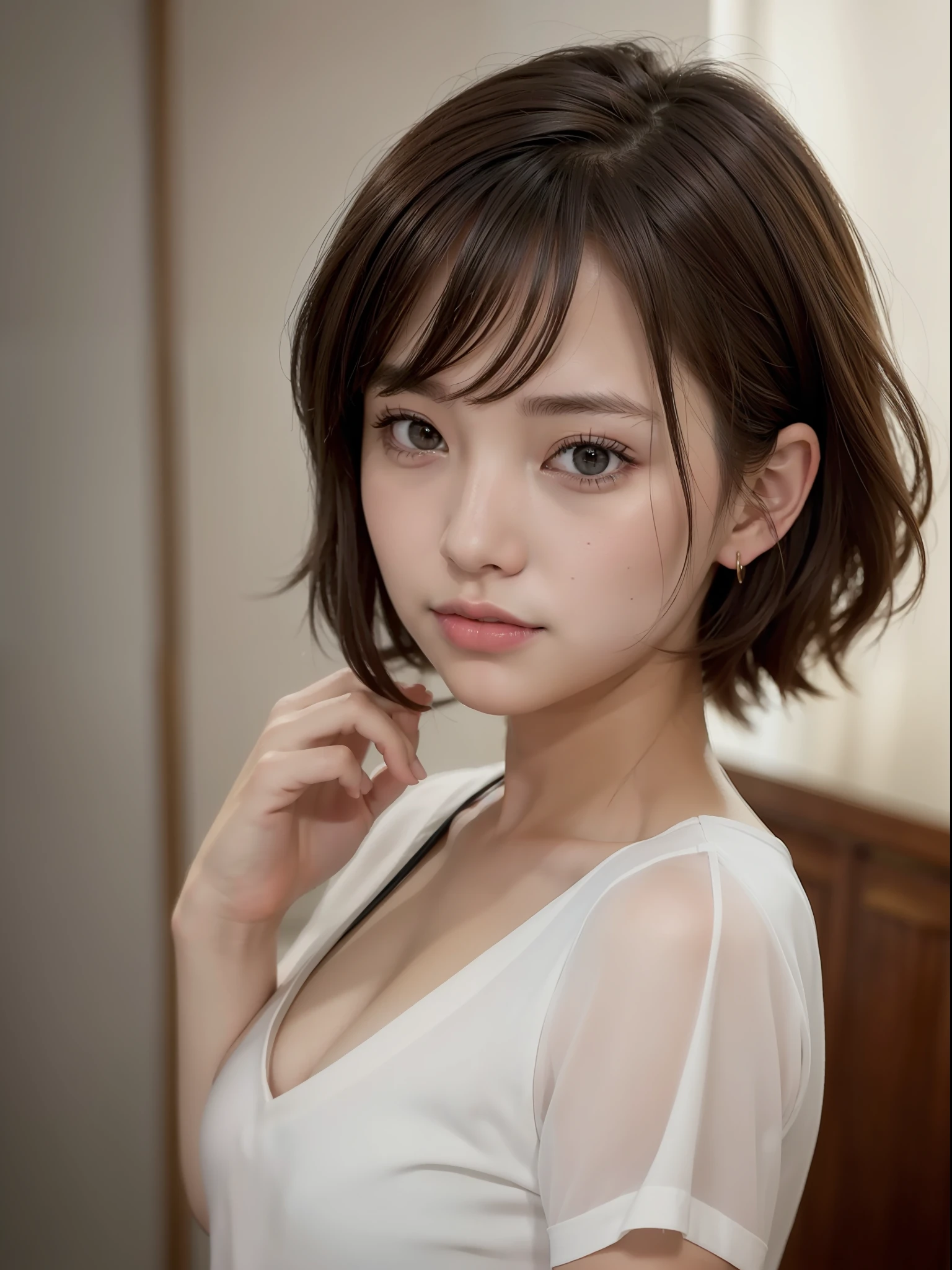 ((Best quality, 8k, Masterpiece: 1.3)), Sharp focus: 1.2, (1 AESPA girl: 1.1), (realistic, photo-realistic:1.37), face girl, cute face, small breasts, flat chest, brunette short messy hair, lying, white shirt, hotel, bedroom, sunlight, kindness, cinematic lighting, (8k, masterpiece, best quality, raw photo)