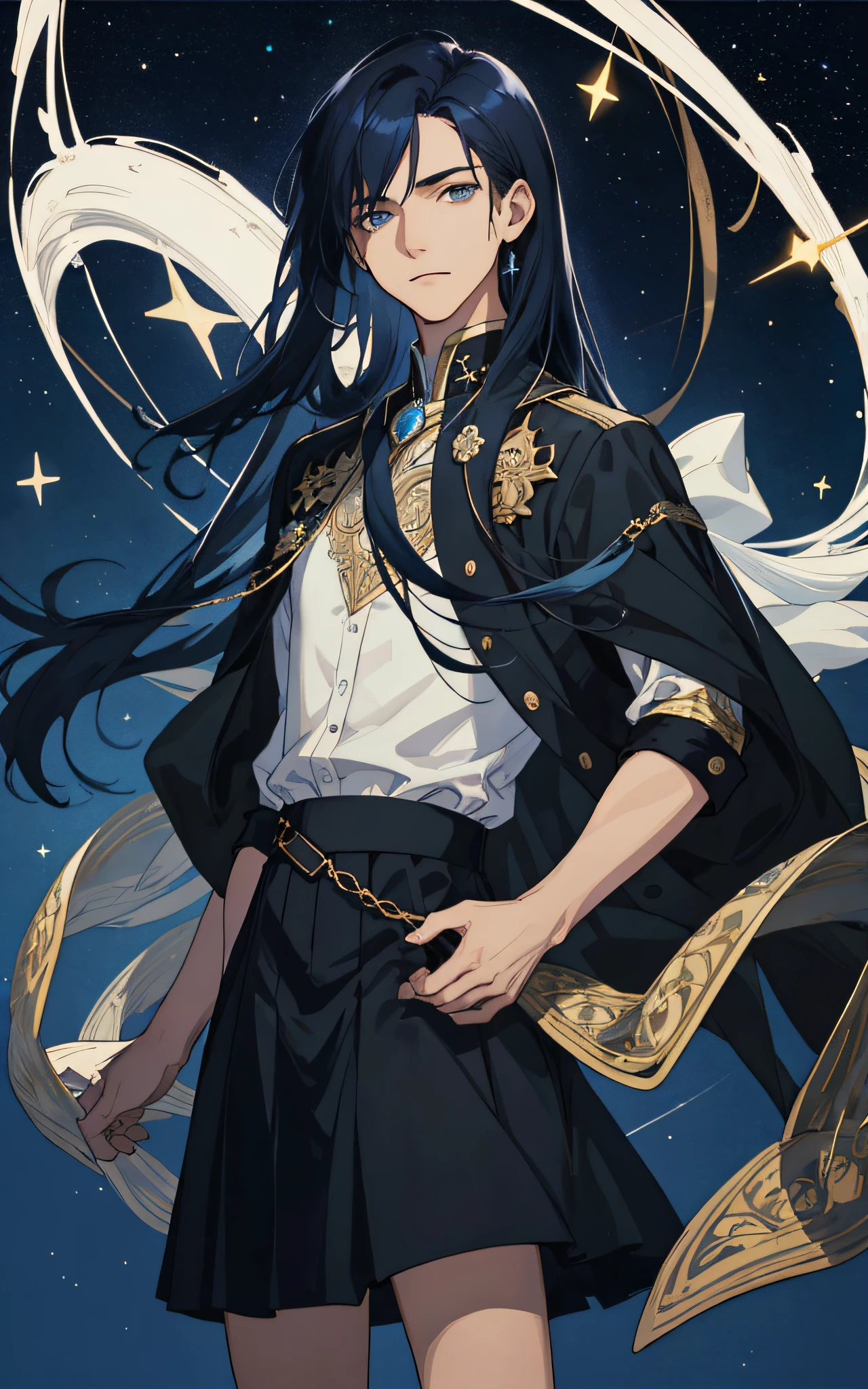 Masterpiece, best quality, teenager, male, long dark blue hair, straight hair, Qi bangs, expressionless, intricate details, delicate face, prominent face, delicate black skirt, dark night, starry sky, stars, black, blue, gold, black background