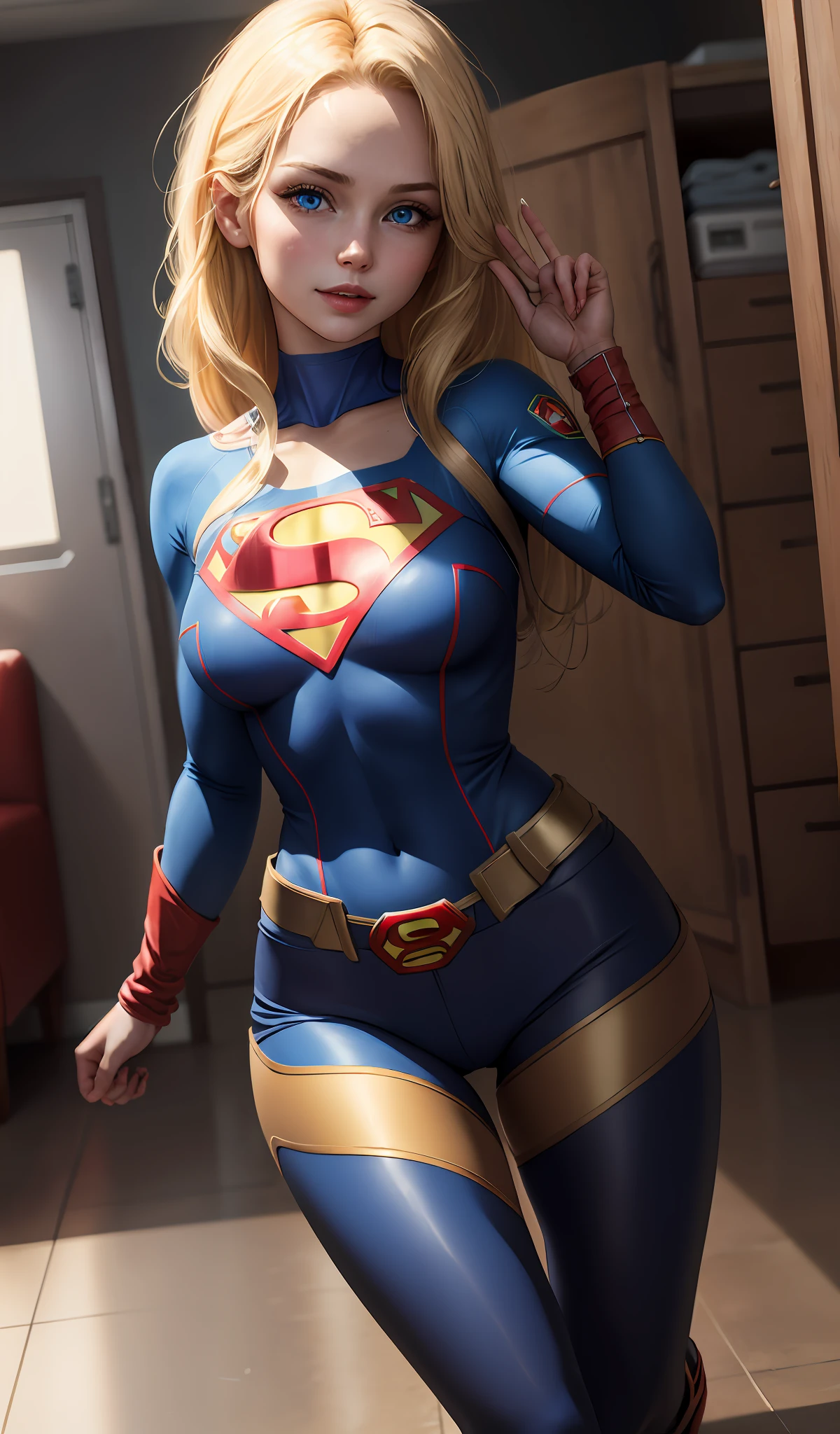4k, realistic, charismatic, very detailed, there is a girl in heaven, wearing super girl costume, wearing pants, she is super girl, super hero theme, blonde hair, blue eyes, 25 years old, full body