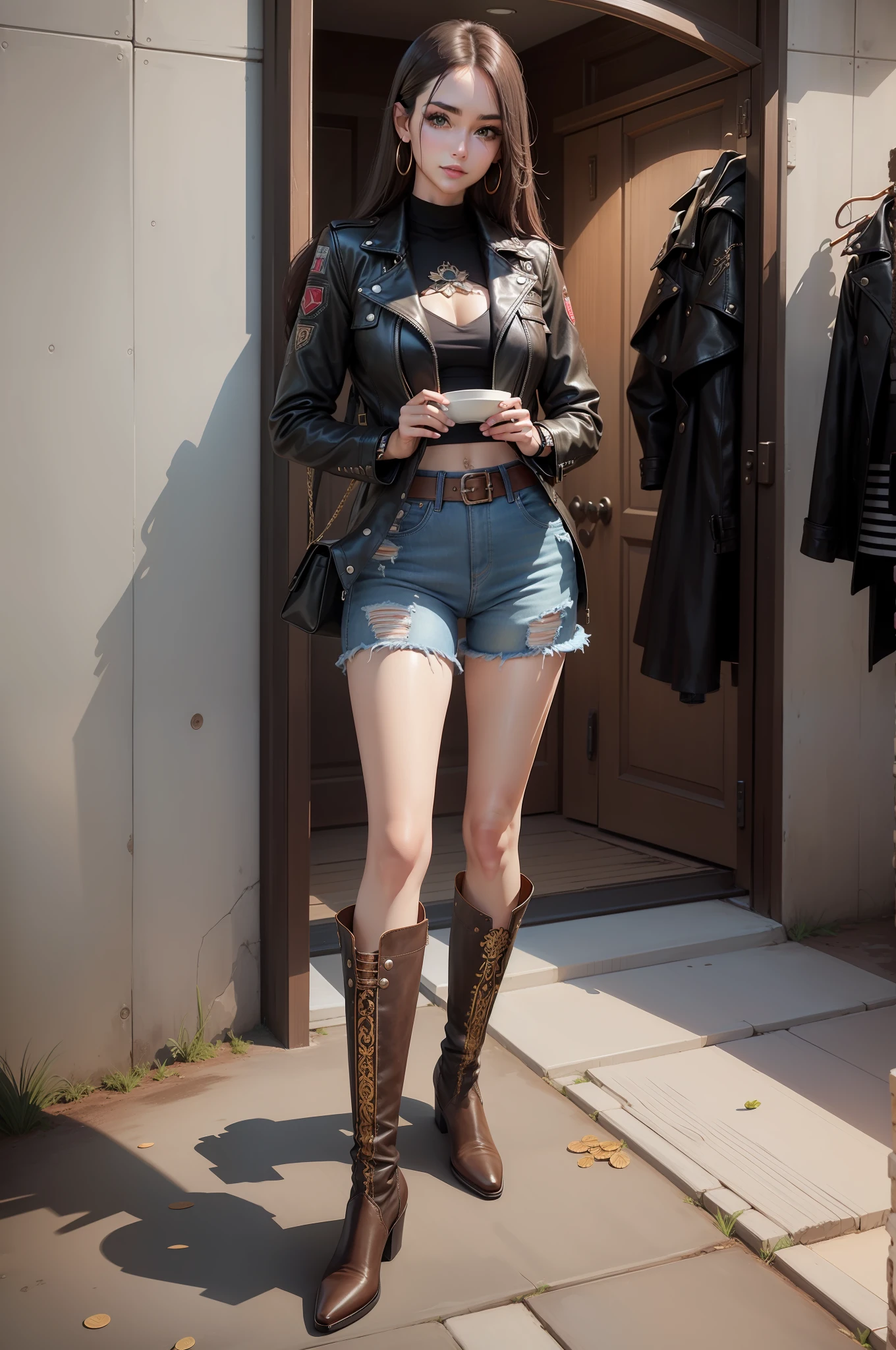 saika1, cut embroidered cowboy leather boots, full body, masterpiece, best quality, realistic, realistic, super detailed, photo, realistic, best quality, 1 girl, woman, long hair, smile, melon seed face, perfect body ratio, tall figure, long legs, 9 head body, golden ratio body, beautiful appearance, beautiful big eyes, eye shadow. Black leather jacket, shirt, denim hot pants
