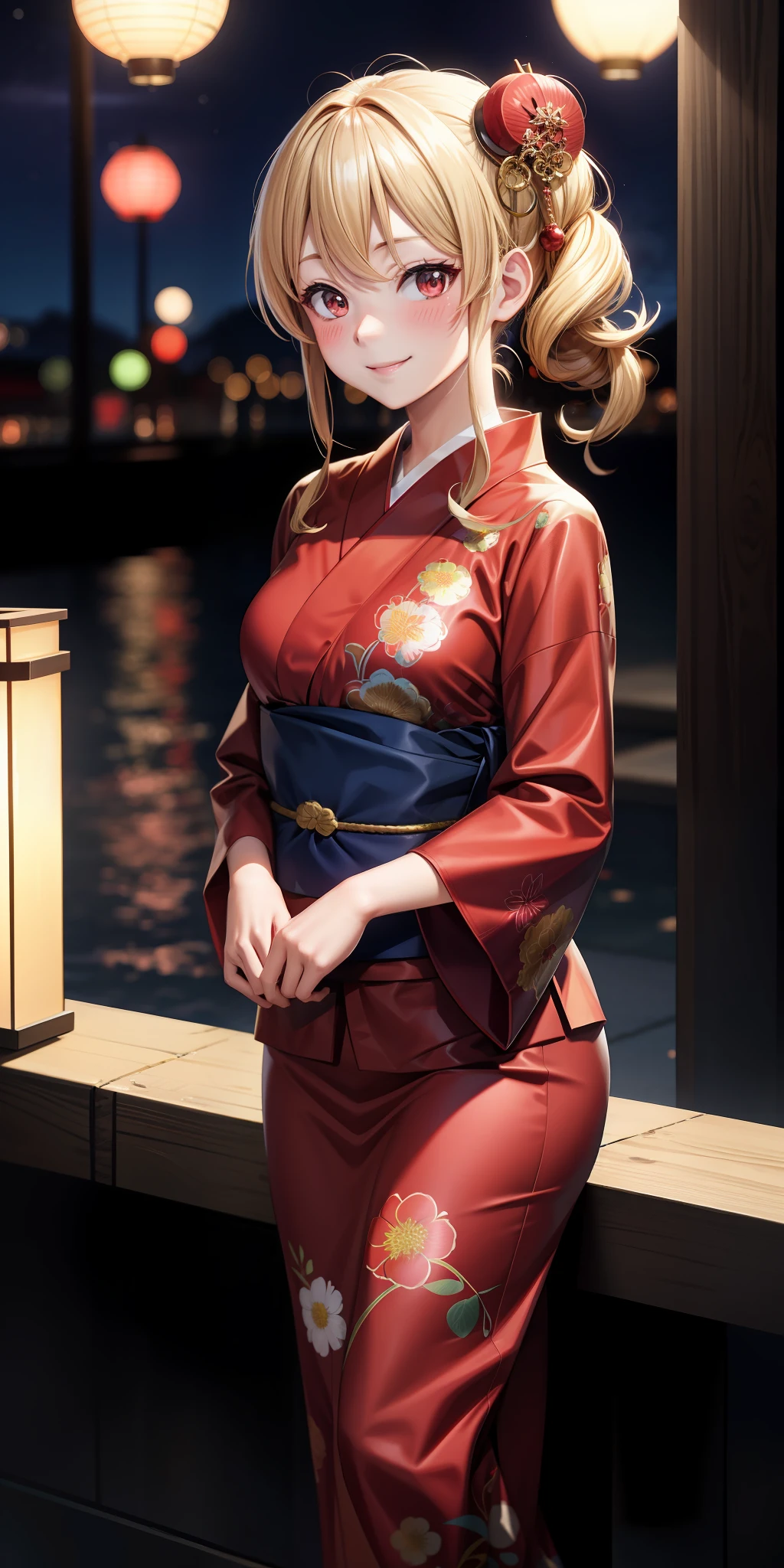 anime, girl single, blonde, red eyes, yukata, kamimeki, blush, spa town, smiling