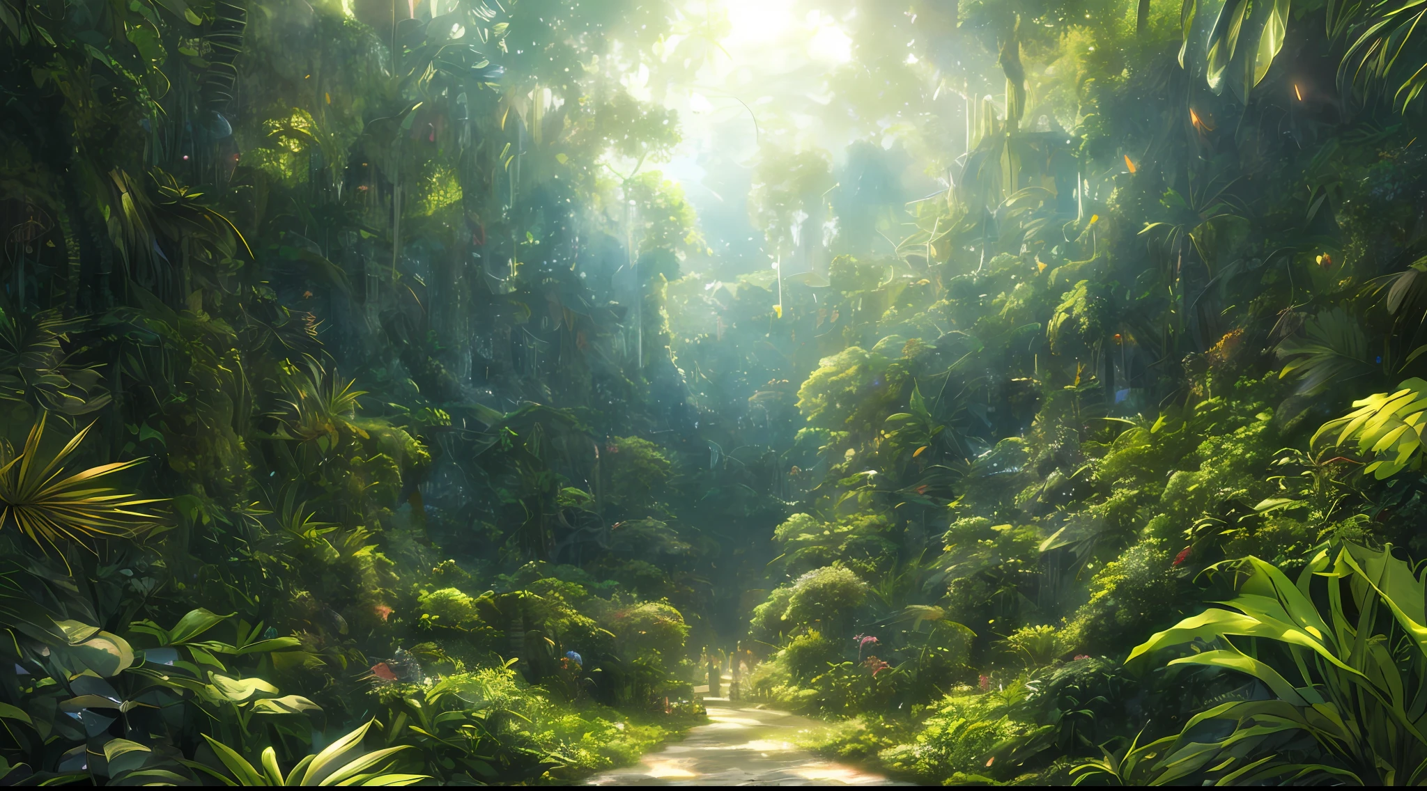 Digital illustration, detailed and intricate, of a dense jungle full of exotic plants and animals, (with a Jaguar), the sunlight filtering through the canopy creating a stained effect. In the style of Yoshitaka Amano and Hayao Miyazaki, masterpiece, proportional, detailed, trend in artstation, beautiful lighting, realistic, intricate, award-winning, 4k, award-winning 4K digital painting of the highest quality in the style of Yoshitaka Amano. Detailed and complex depiction of a zombie apocalypse, masterfully capturing the chaos and drama of the scene. Beautiful lighting and cinematic composition make this piece a true masterpiece, trend in the arts station