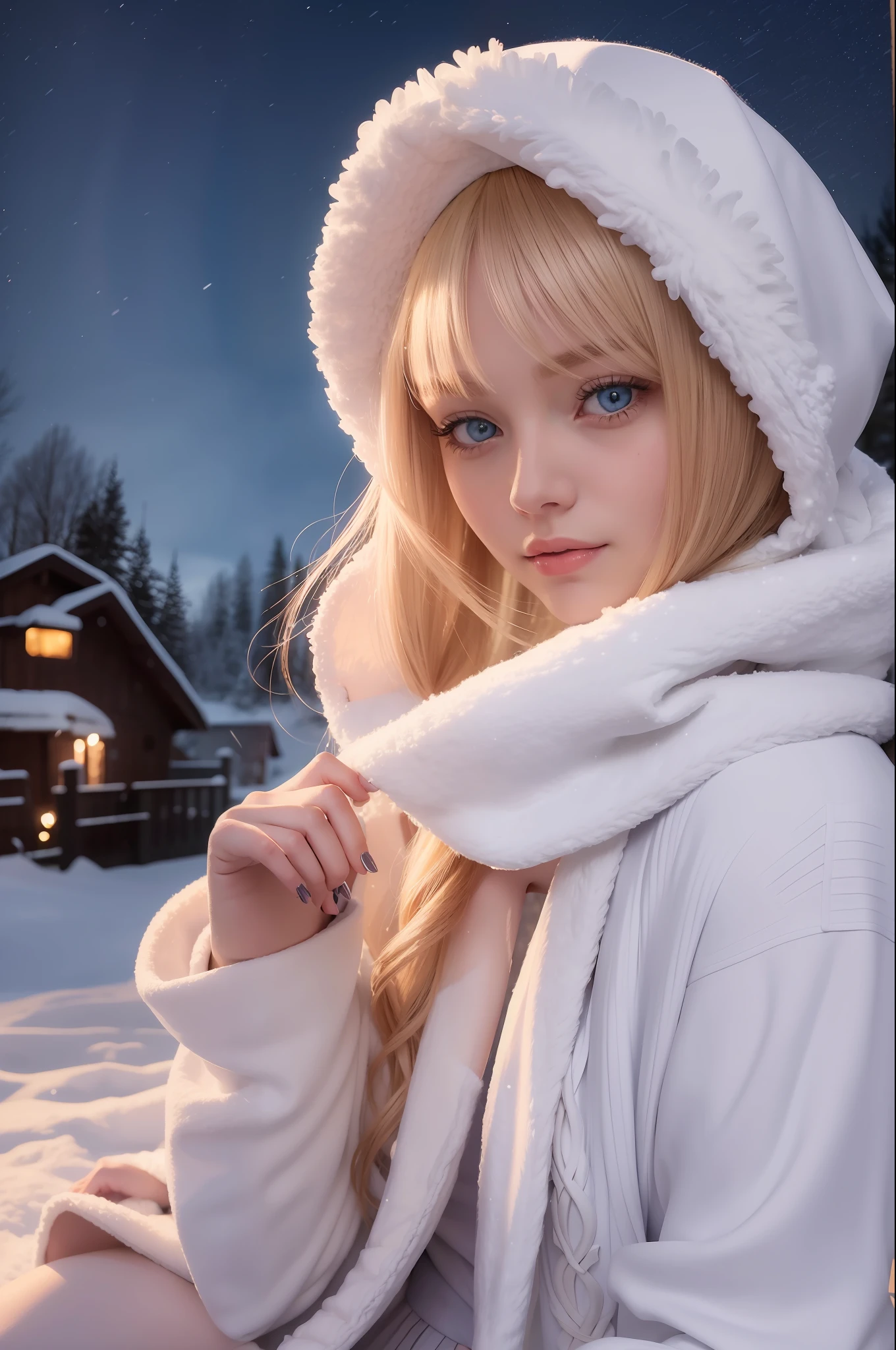 beautiful blonde woman with blue eyes, well detailed face, she is wearing cold clothes in white color, behaved dress, and on her head a white cap, she is sitting next to a campfire, she is with her white snow wolf on her side, she is smiling, it is possible to see her house in the background of the image,  It is a night weather, it is snowing a little and it is not possible to notice a beautiful aurora borealis beautiful lights