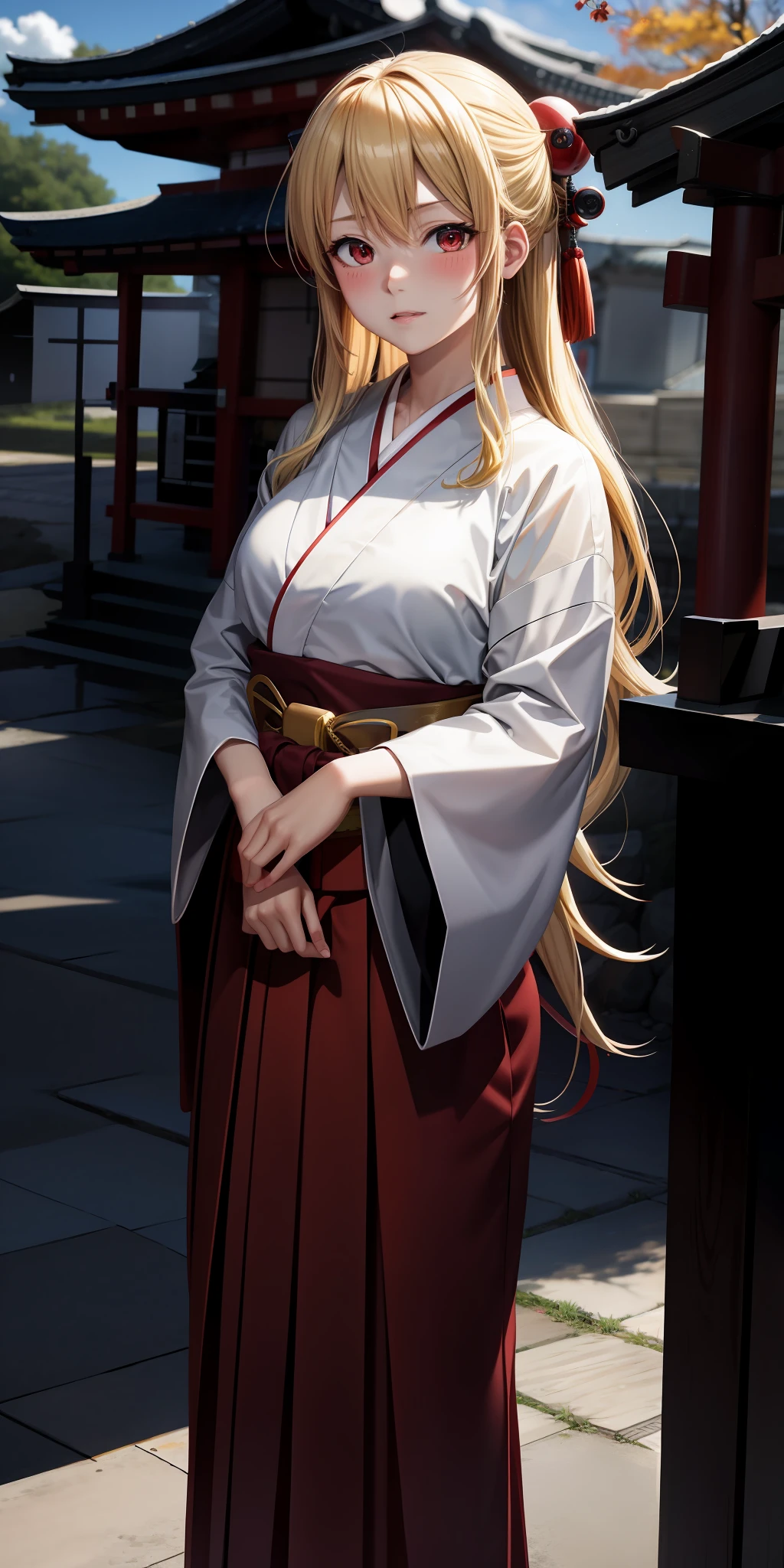 anime, single girl, blonde, red eyes, hakama, kamimeki, blush, shrine