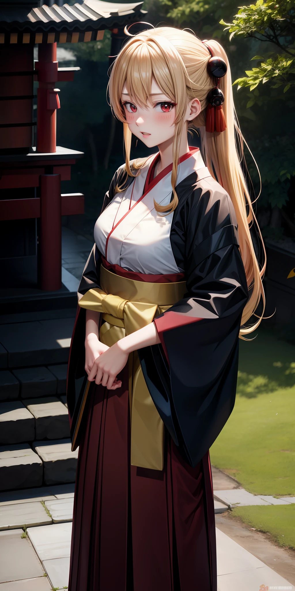 anime, single girl, blonde, red eyes, hakama, kamimeki, blush, shrine
