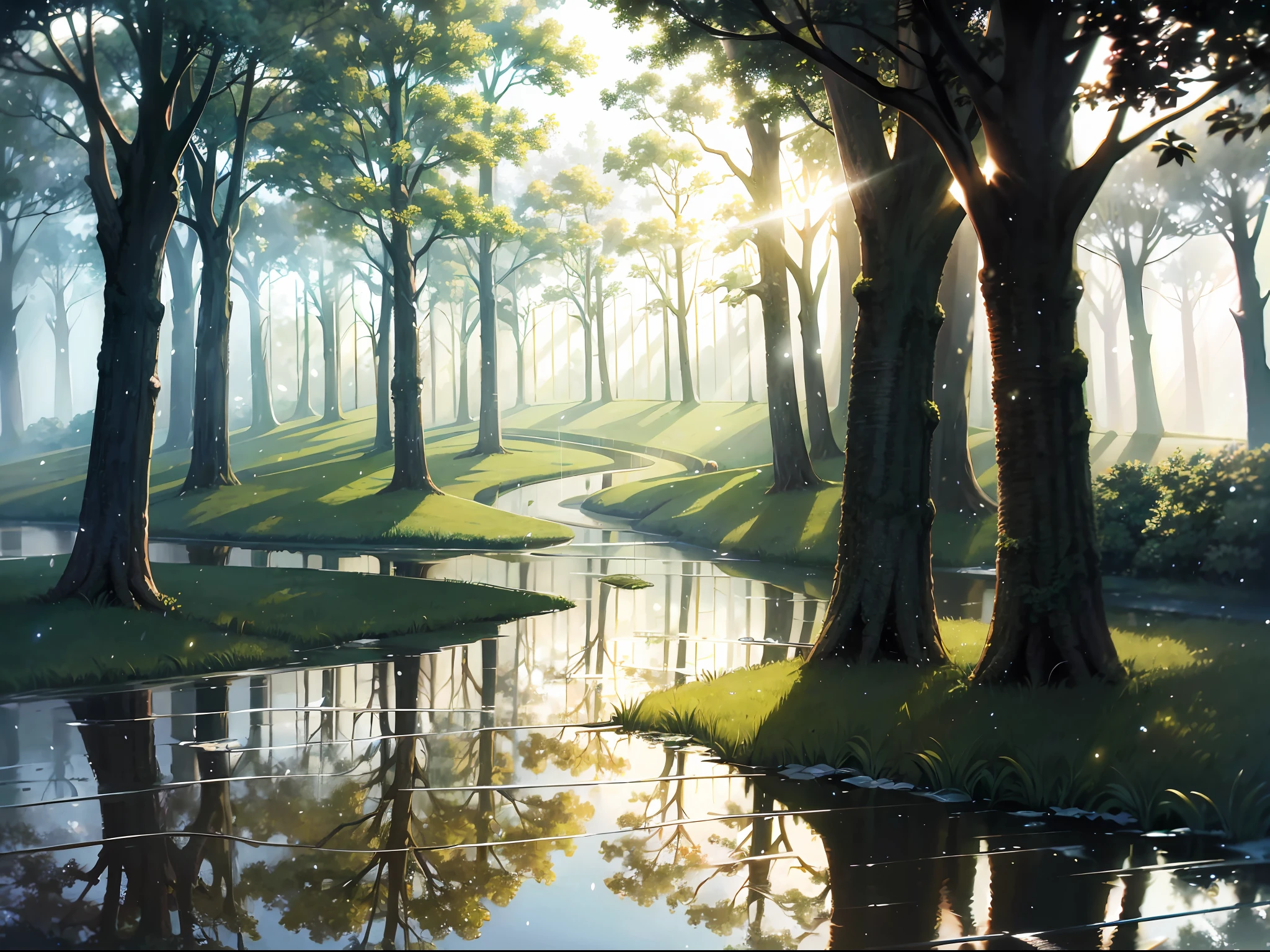 High-quality artwork with beautiful rain style and sunlight. The gentle light shines on the wet ground and creates stunning puddle reflections. The leaves of the summer forest are vibrant green, and the scene is viewed from behind with a remarkable depth of field. The atmosphere of the rain style further enhances the beauty of this fantastic artwork.
