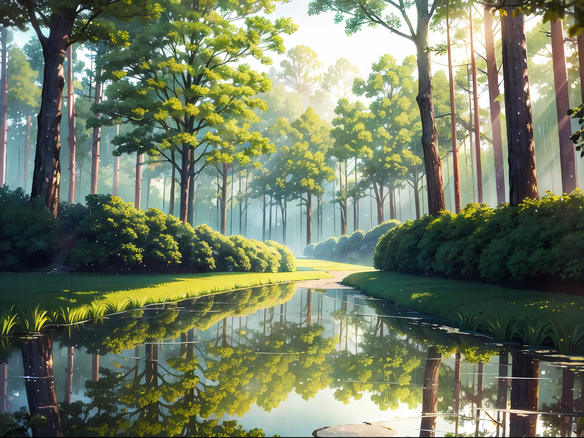 High-quality artwork with beautiful rain style and sunlight. The gentle light shines on the wet ground and creates stunning puddle reflections. The leaves of the summer forest are vibrant green, and the scene is viewed ??????????? with a remarkable depth of field. The atmosphere of the rain style further enhances the beauty of this fantastic artwork.