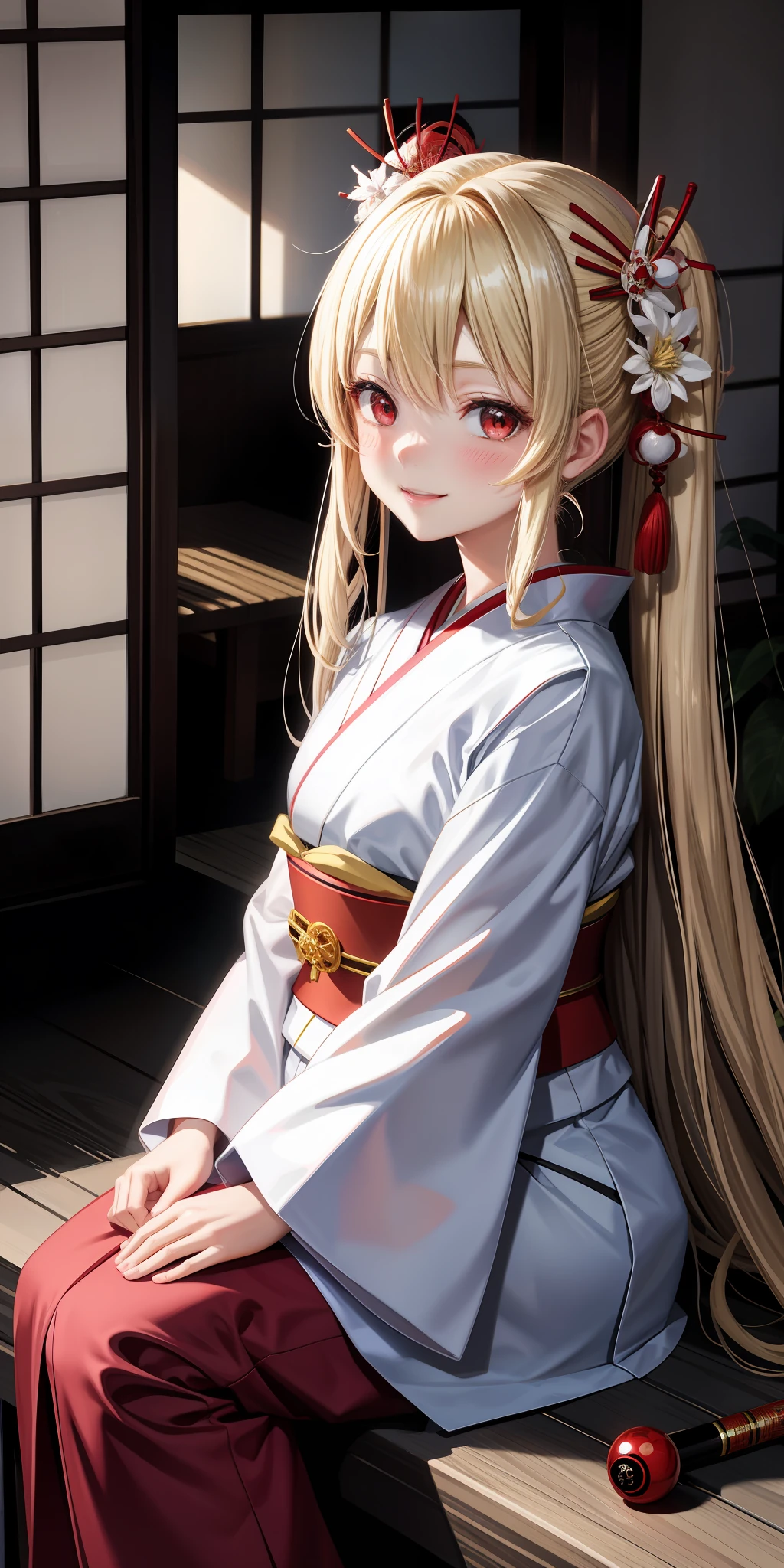 anime, girl 1 person, blonde, red eyes, white kimono, kamime, blush, japanese room, smiling