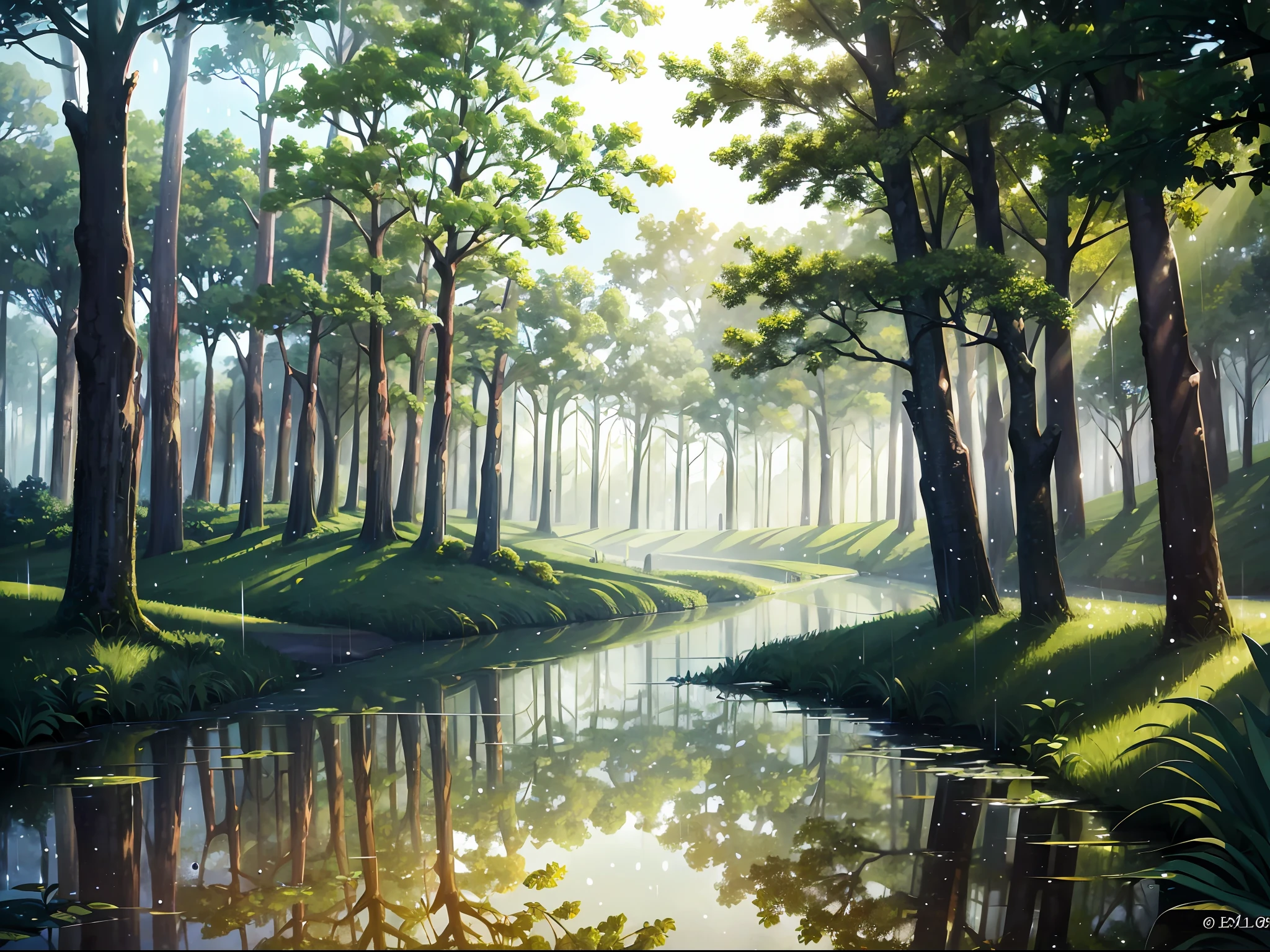 High-quality artwork with beautiful rain style and sunlight. The gentle light shines on the wet ground and creates stunning puddle reflections. The leaves of the summer forest are vibrant green, and the scene is viewed from behind with a remarkable depth of field. The atmosphere of the rain style further enhances the beauty of this fantastic artwork.