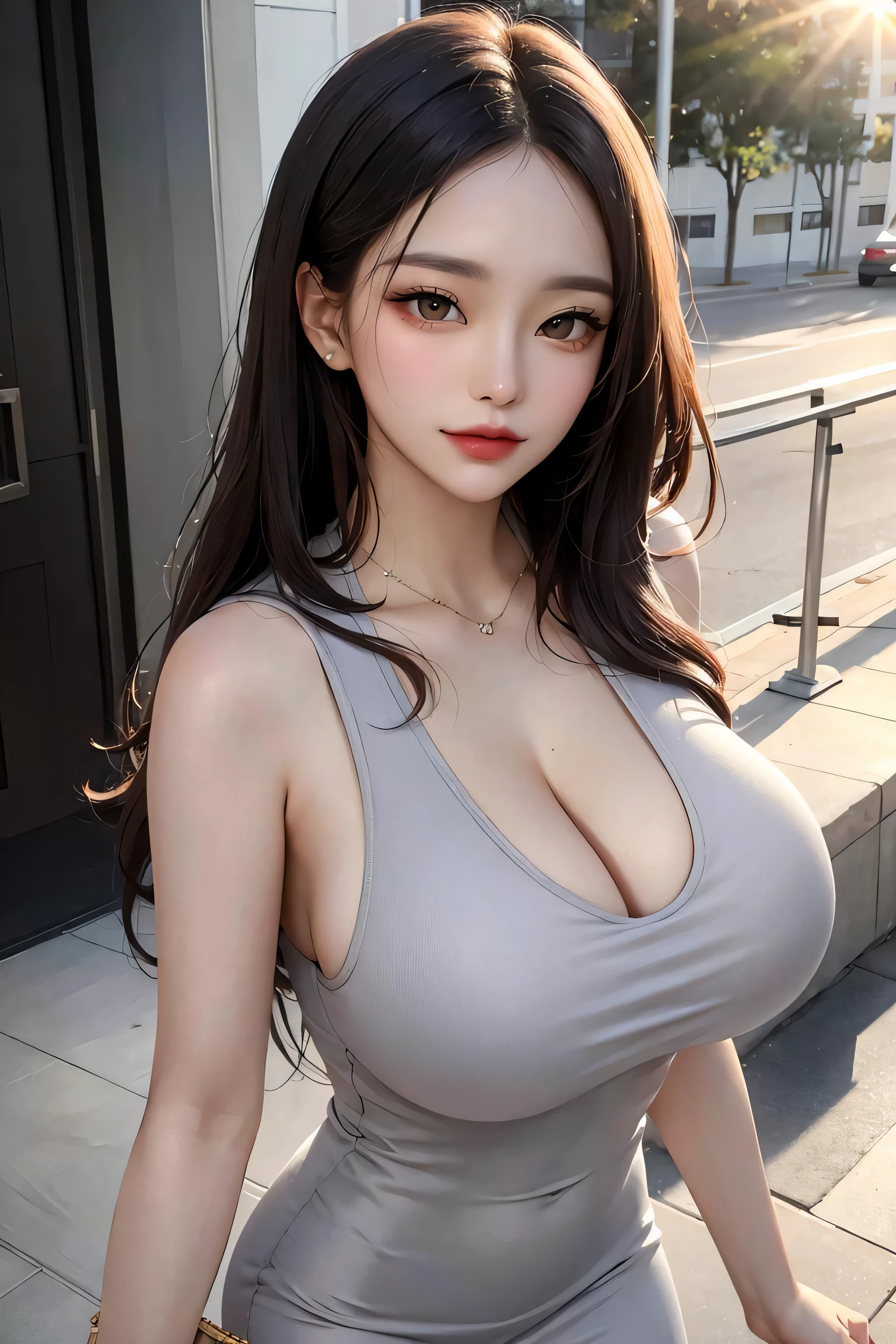 RAW, 1girl, solo, colorful, (masterpiece, best quality:1.3), (absurdres:1.3), walking, holding Luxury handbag,
(detailed skin:1.3, detailed face:1.3), from above, looking at viewer,
sharp focus, delicate, (korean beauty, korean mixed:1.3), (mature female:1.2),
(huge breasts:1.4, thick thighs:1.2, narrow :1.1), light smile,
(big_eyes:1.2, brown_eyes), red_eyeshadow, pink lips,
(straight hair), looking at viewer, (thin gray v-neck long midi dress:1.2),
park, english text, day, (sunlight on face:1.5), open_blazer,