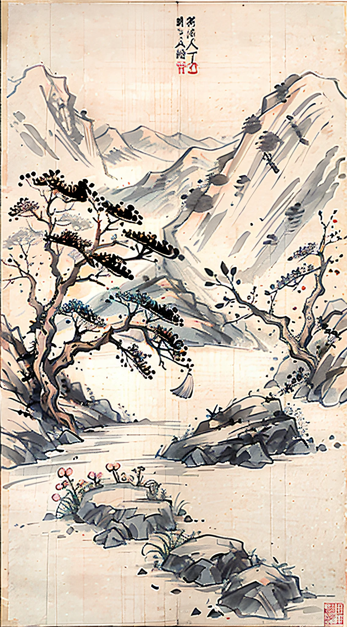 (Masterpiece, best quality: 1.2), (No_Humans), Mountains in the distance, traditional Chinese ink painting,