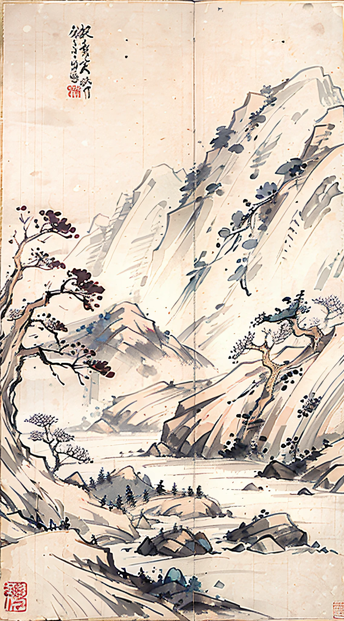 (Masterpiece, best quality: 1.2), (No_Humans), Mountains in the distance, traditional Chinese ink painting,