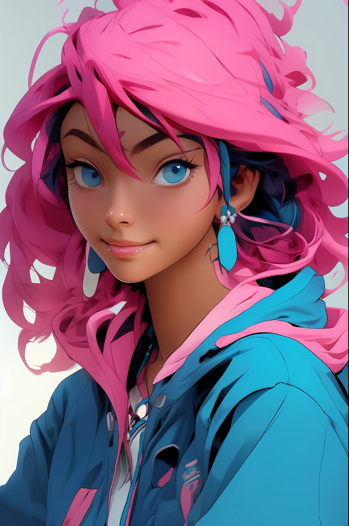 a young cartoon character with colorful hair and blue eyes wearing an Adidas dark blue hooded jacket and a mini blouse underneath the jacket with a generous neckline, pink dolphin-shaped earrings, NIJIFTB