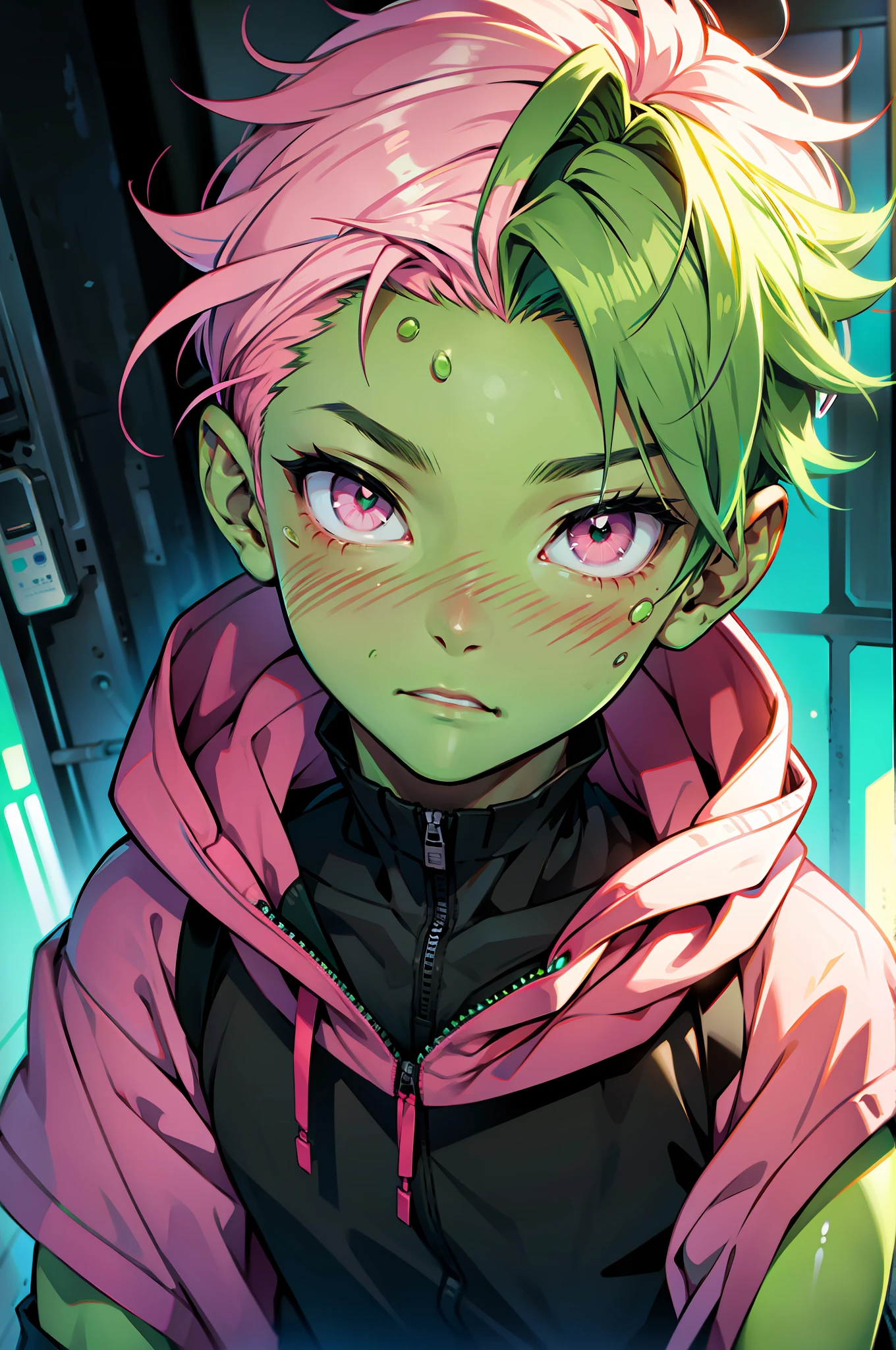 1 boy, young alien boy, messy short green hair and pink eyes, green skin, futuristic clothes, blushing