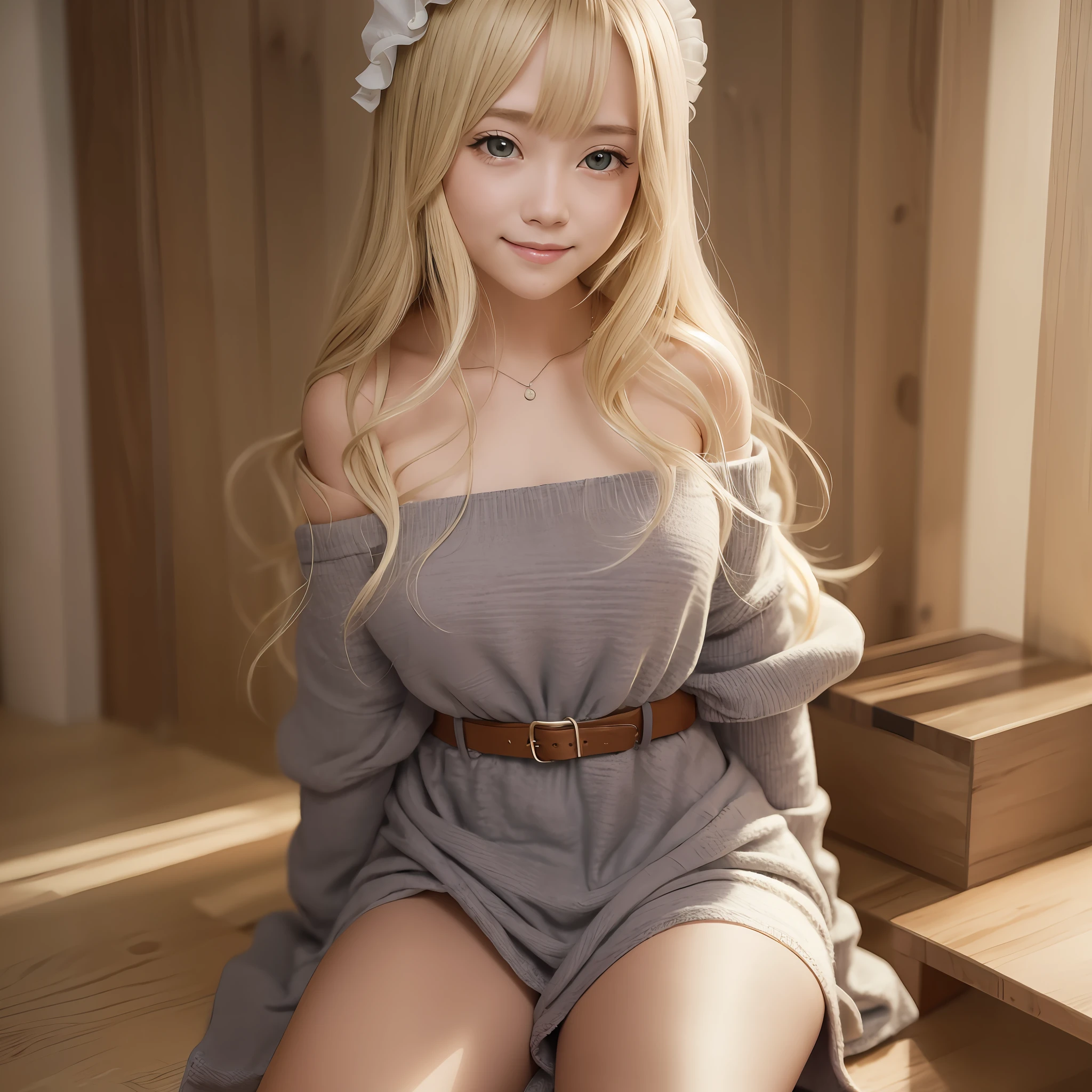 blonde, long hair, one girl, fluffy clothes, dresses, miniskirts, off-shoulder, sitting, sexy, blush, smile,
