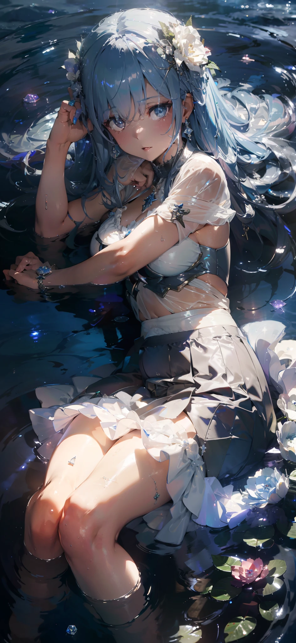Physically based rendering, professional lighting, extreme detailing, white skirt, gauze skirt, gauze embellished with broken diamonds, transparent skirt, bouquet, cross earrings, (lying on water), high brightness, refreshing, soft light, dark blue hair, (lying down), water, wet